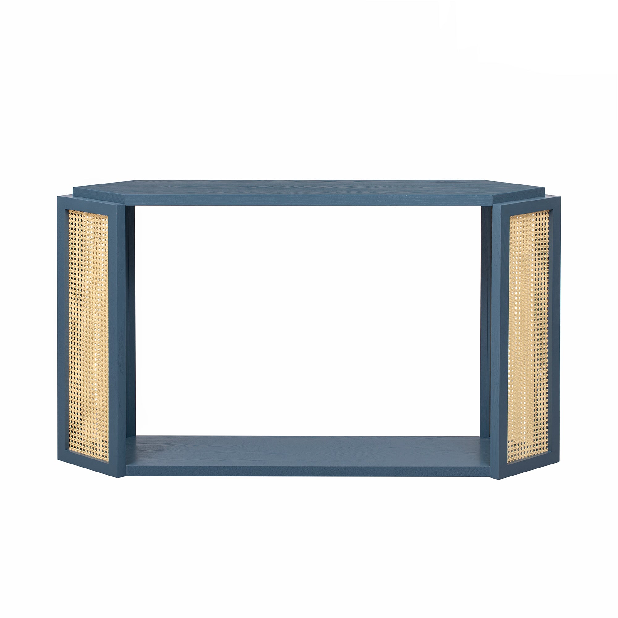 TREXM Narrow Console Table with Unique Irregular Top Design, Entryway Table with Open Shelf, Rattan Sofa Table for Living Room Hallway and Entrance (Antique Blue)