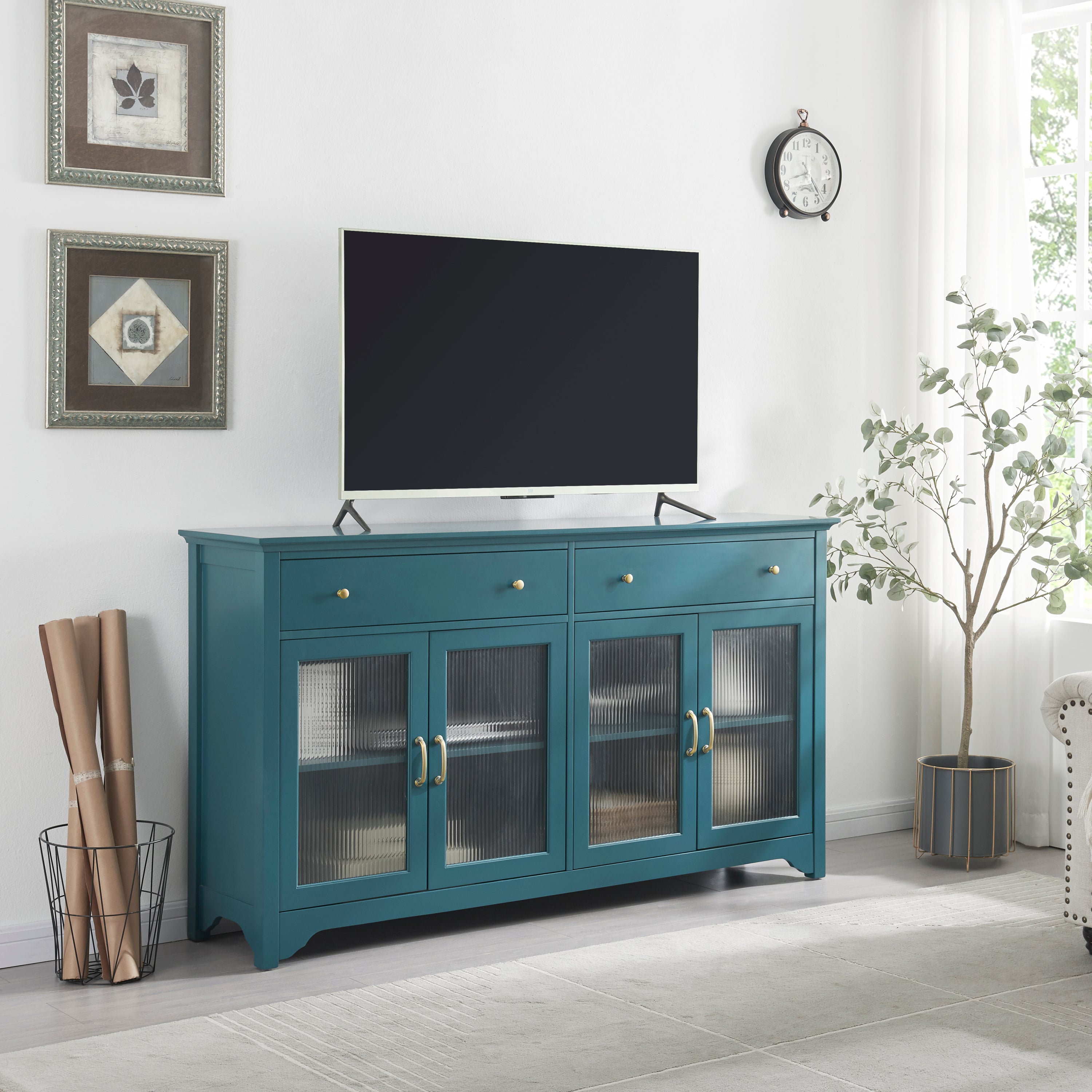65' TV Console, Storage Buffet Cabinet, Sideboard with Glass Door and Adjustable Shelves, Console Table, Teal Blue