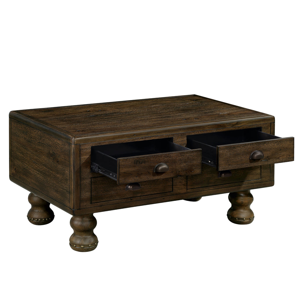 Solid Wood Rectangle Coffee Table for Living Room, 40-Inch Antique Coffee Table with 4 Drawers, Wood Center Table Tea Table with Rivet Decoration Legs.Easy Assembly, Espresso