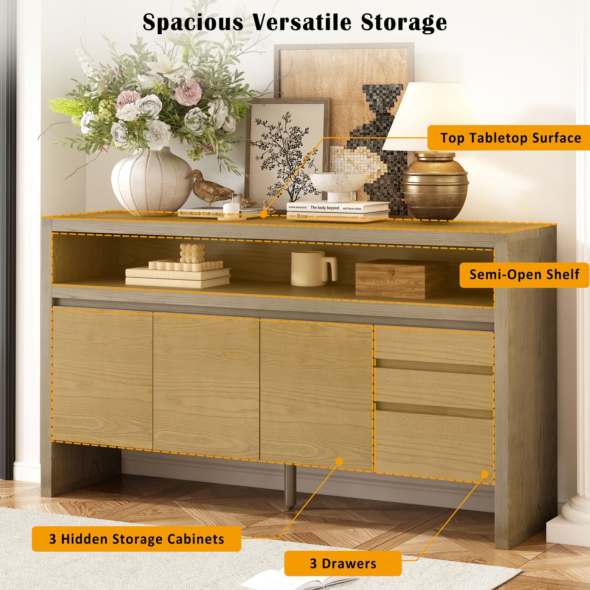 U_Style 60' 3-Door Sideboard with 3 Drawers - Modern Solid Ash Veneer MDF Sideboard, Semi-Open Shelf & Center Semi-Circular Cutout in Back Panel, Large Storage Cabinet for Living Room, Hallway, Dining