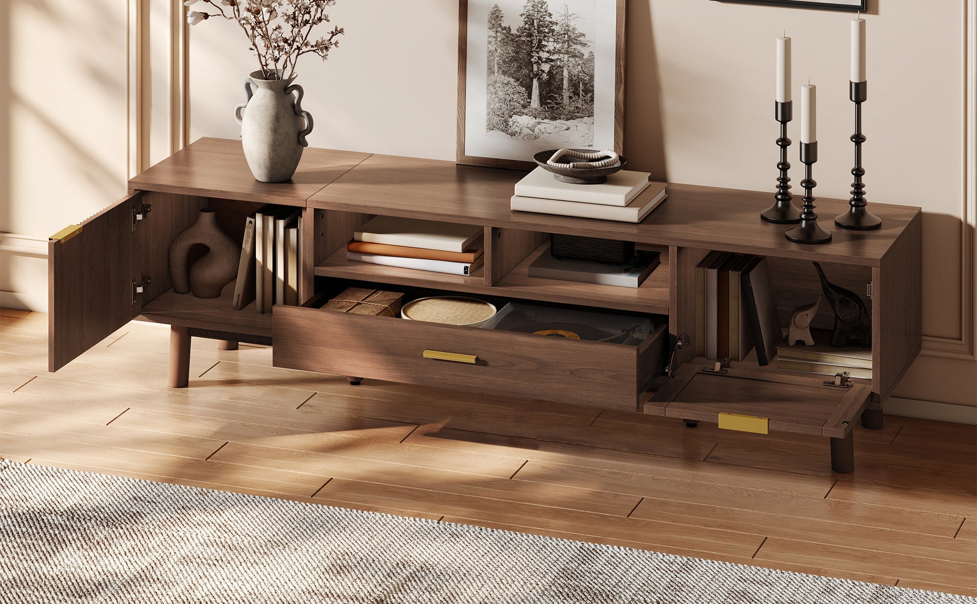 Wood Fashionable TV Stand for 75' TVs, TV Cabinet with Soft-Closing Door and Drop-Down Door Cabinet, Modern TV Consoles for Living Room, Bedroom