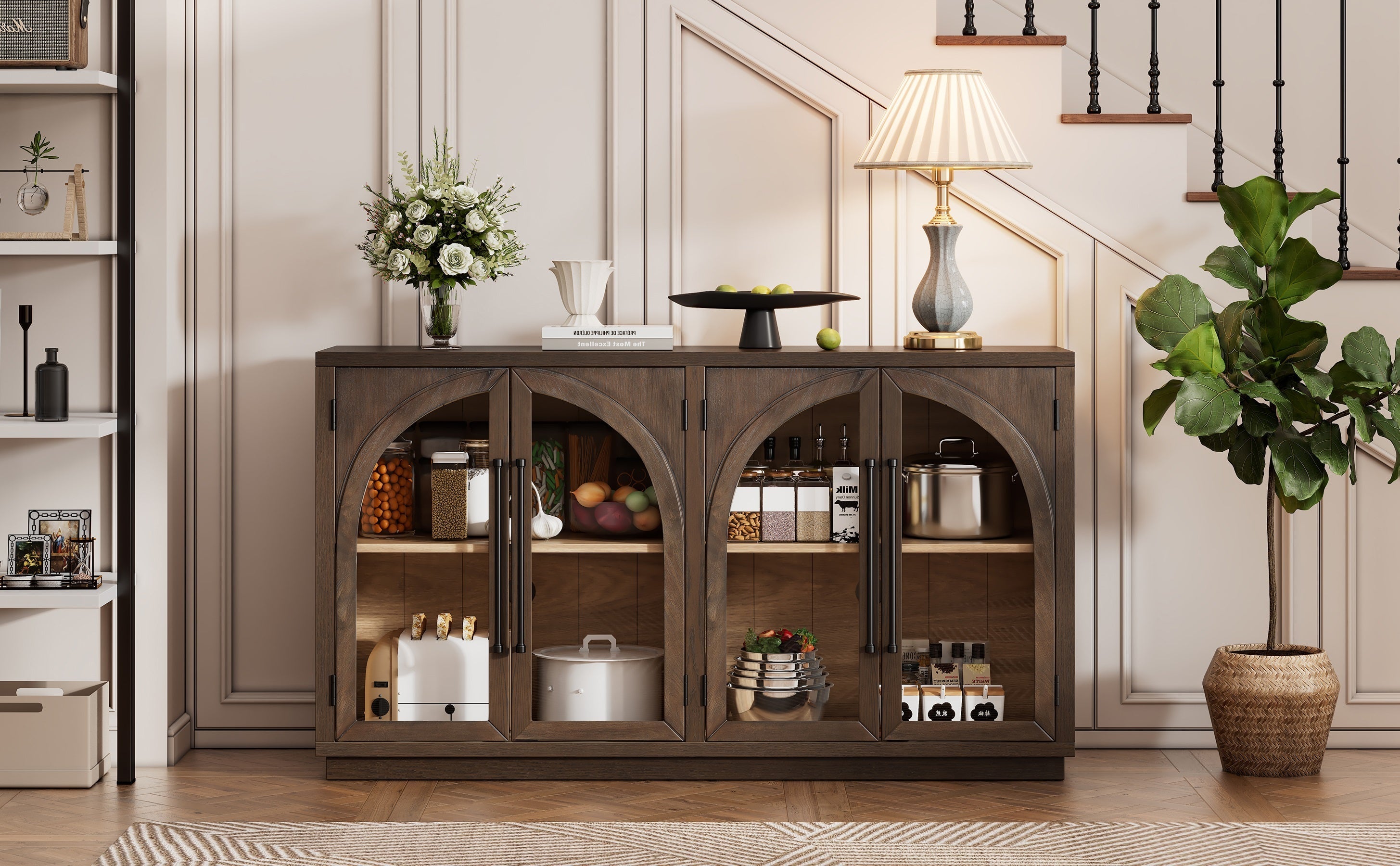 TREXM 4-Door Large Storage Sideboard Buffet Cabinet with Glass Doors, Arched Cabinet with Adjustable Shelves for Kitchen, Dining Room and Living Room (Espresso)