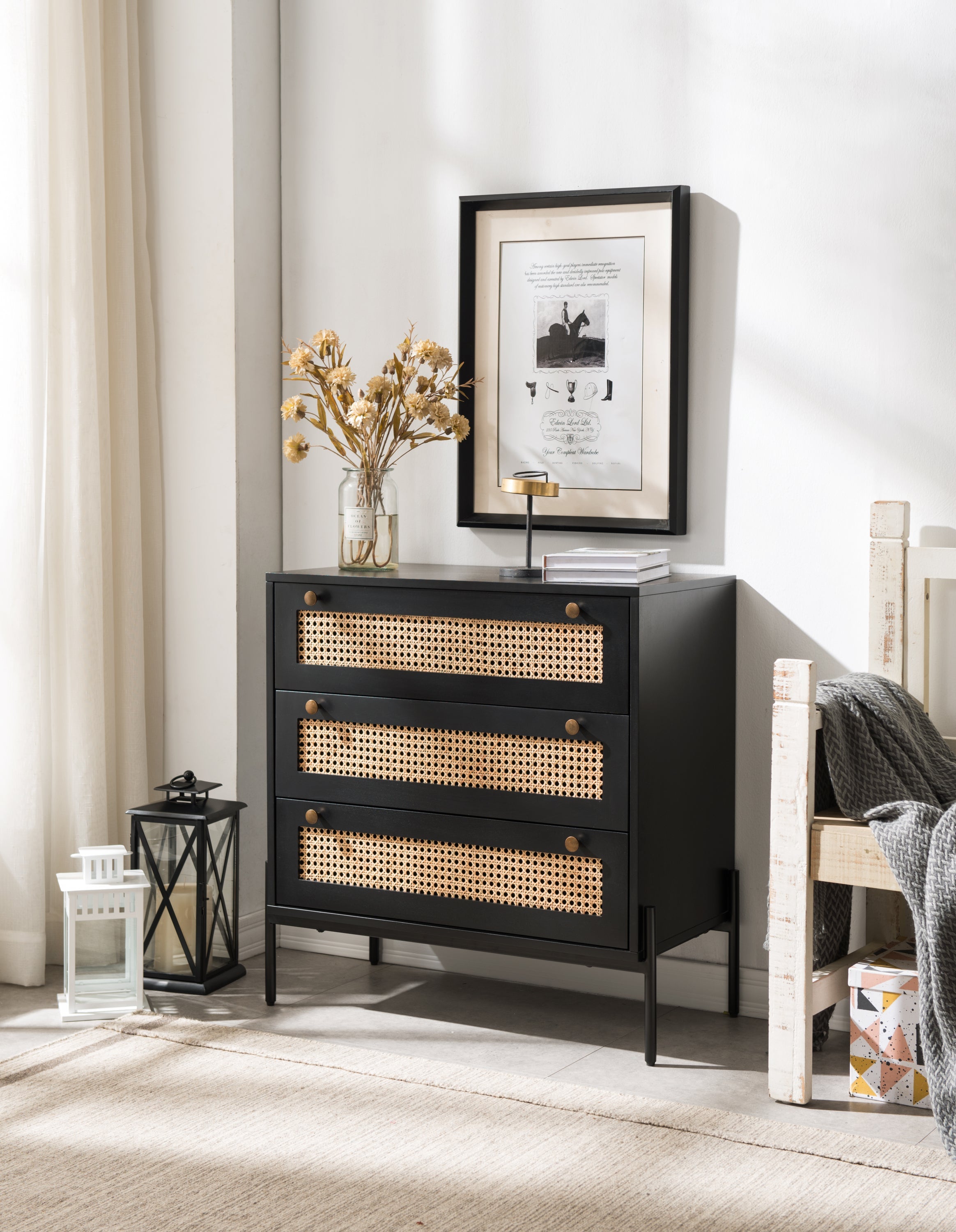 Rattan Storage Cabinet with 3 Large Drawers, Boho Mid-Century Wooden Nightstand Drawer Dresser, Sideboard Buffet Cabinet with Storage for Living Room Dining Room Hallway Bedroom, 30×15.8×30 Inches
