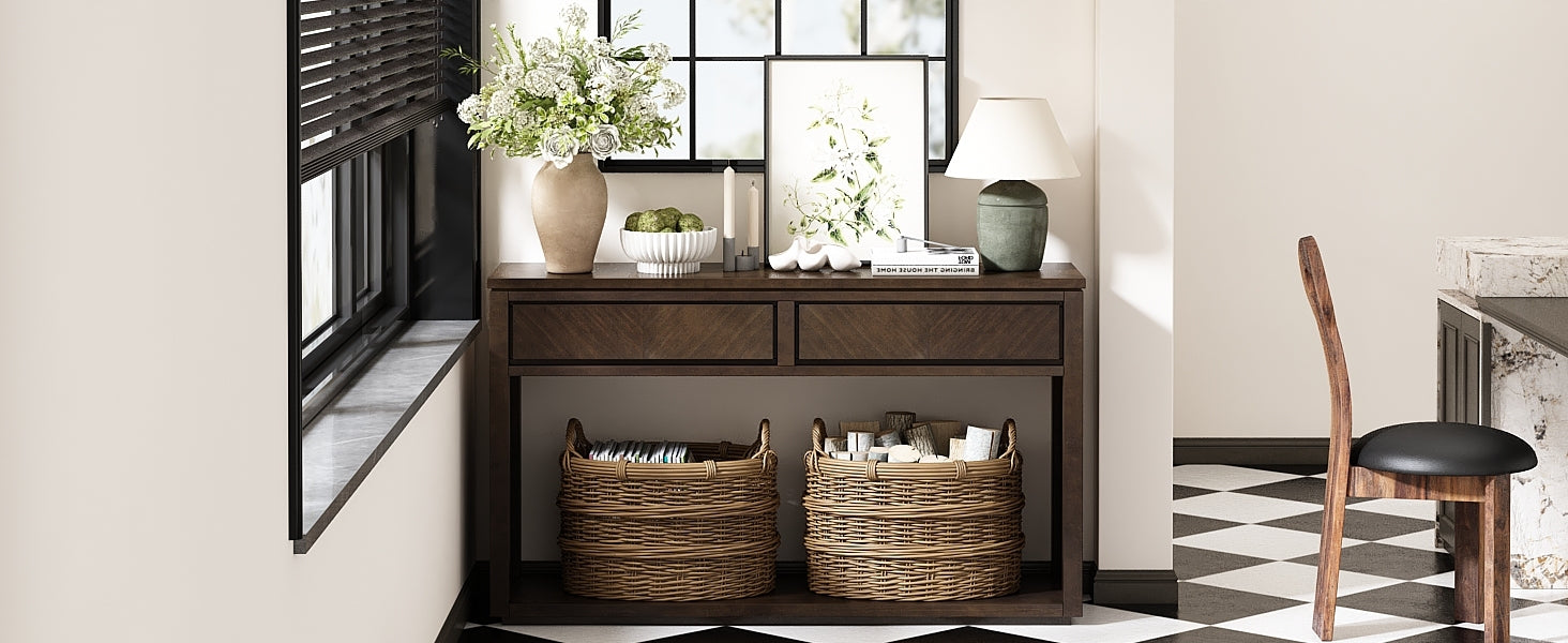 TREXM 55' Console Table, Rustic Wooden Entryway Table with Storage Drawers and Open Shelf, Elegant Sofa Table for Hallway and Living Room (Brown)