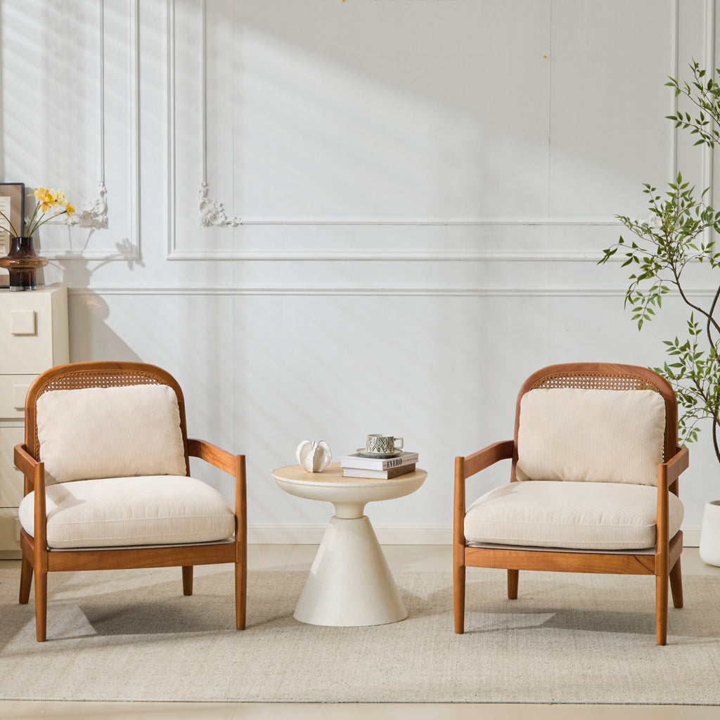[Set of 2]  26.6' Mid-Century Modern Accent Chair with Walnut Finish Solid Wood Frame and Rattan Backrest, Beige Cushion with Striped Fabric,  Comfy Armchairs for Living Room, Bedroom, Reading Nook
