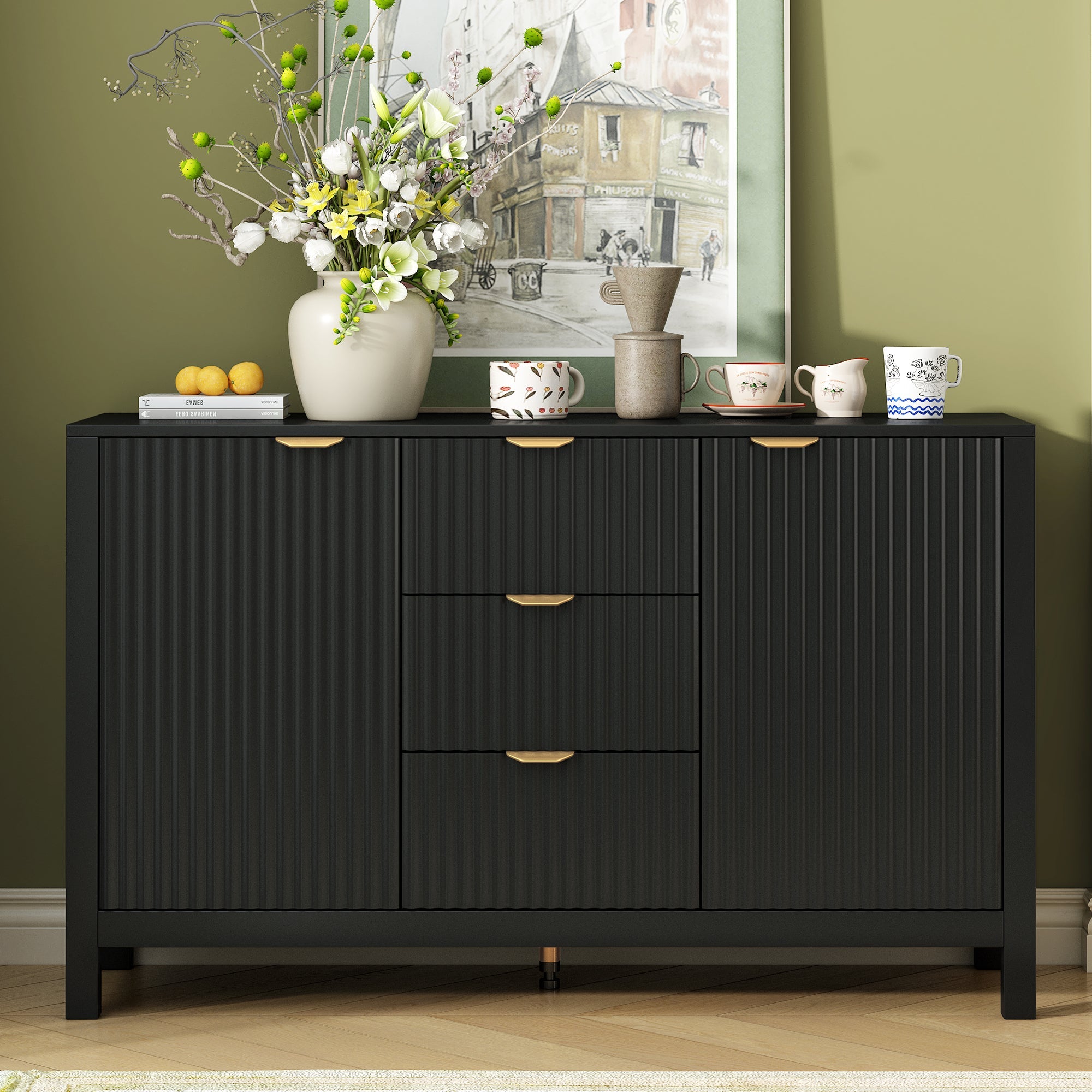 U_STYLE Sideboard with Wave Design - 3 Adjustable Shelves, 3 Drawers & Soft-Close Doors, Storage Console Table with Metal Handles, Suitable for Study, Hallway and Living Room, 3 Colors