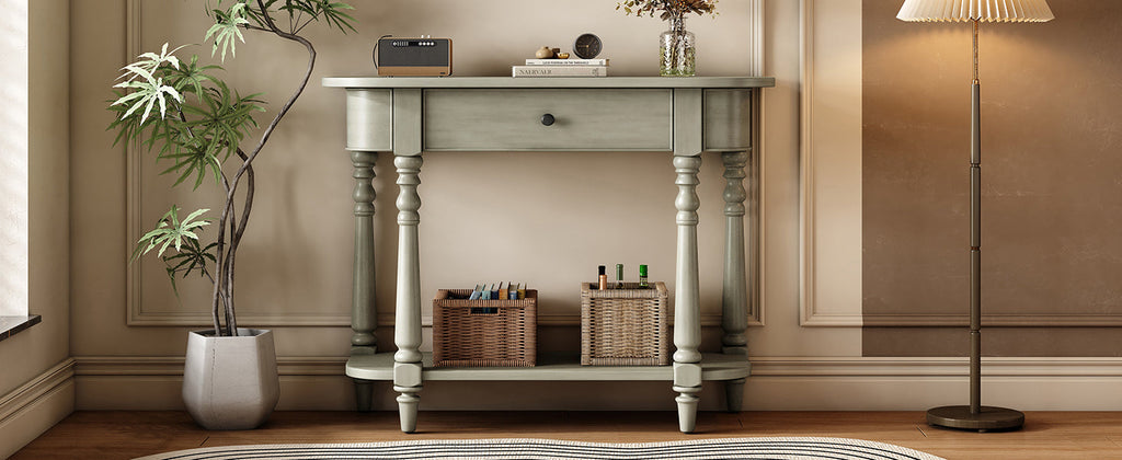 TREXM Narrow Console Table with Curved Corner, Retro Entryway Table with Top Drawer and Open Shelf, Sofa Table Console Tables for Entryway, Hallway and Living Room (Gray)