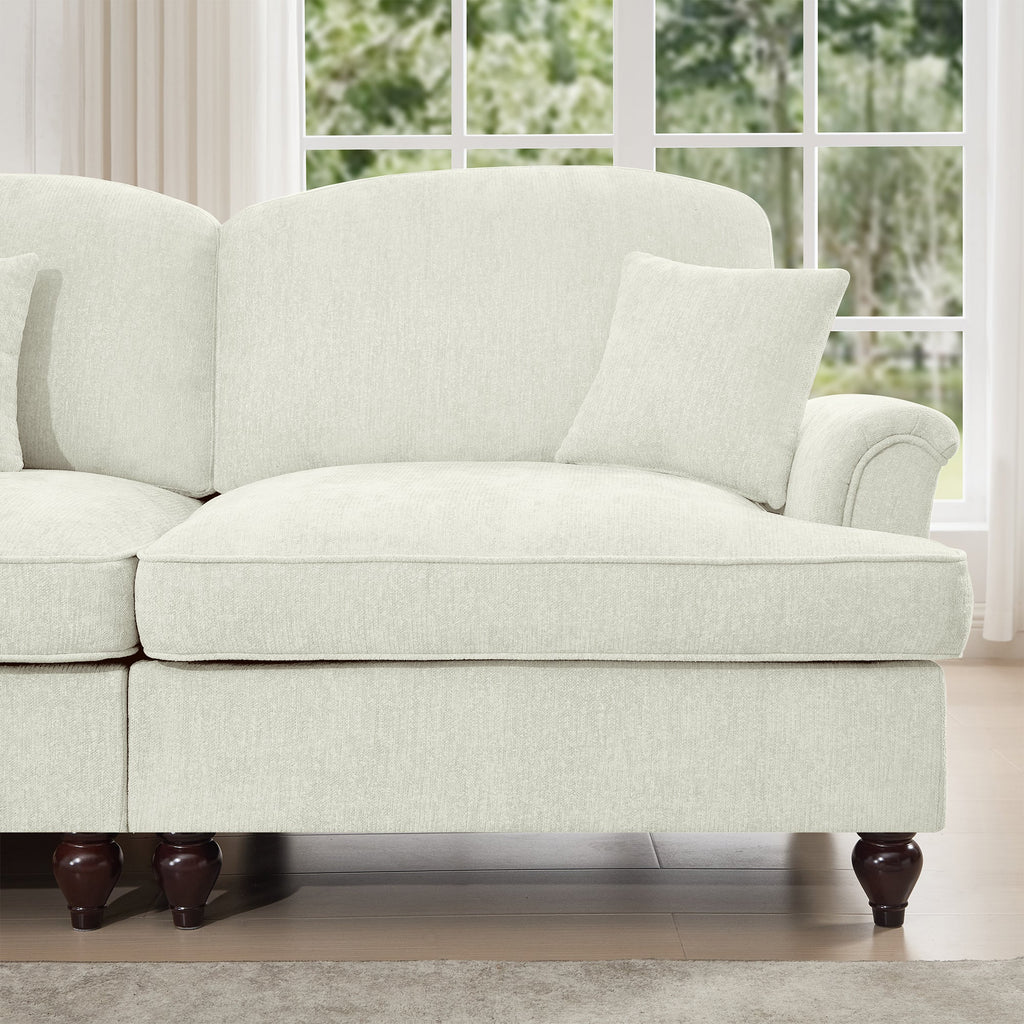 Classic Comfy Modular U Shape Sectional Sofa Couch with Flared Arms and Removable Ruffles Pleats Skirts and Spindle Legs, Upholstered Chenille Deep Seat Cloud Sofa with Movable Ottomans, Beige White