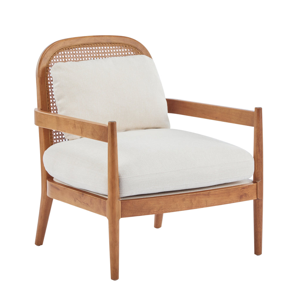 [Set of 2] 26.6' Mid-Century Modern Accent Chair with Light Brown Finish Solid Wood Frame and Rattan Backrest, Beige Cushion, Comfy Armchairs for Living Room, Bedroom, Reading Nook