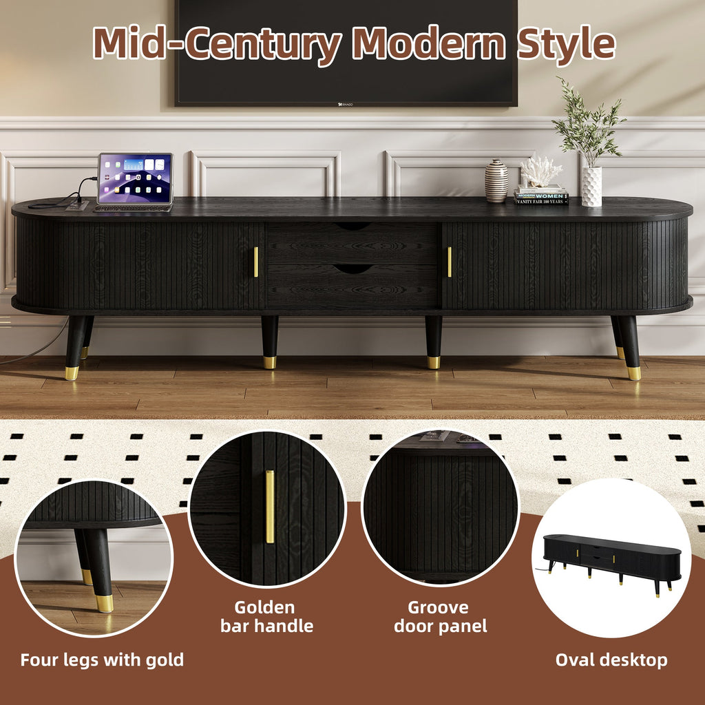 Wooden Oval Fluted TV Stand with Charging Station for TV up to 80', Mid-Century Media Console with Sliding Tambour Door, Farmhouse TV Cabinet with Golden Handle for Living Room, Black