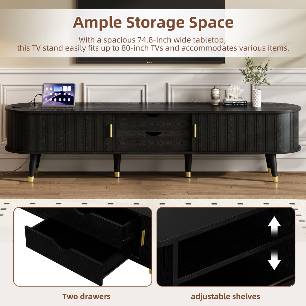 Wooden Oval Fluted TV Stand with Charging Station for TV up to 80', Mid-Century Media Console with Sliding Tambour Door, Farmhouse TV Cabinet with Golden Handle for Living Room, Black