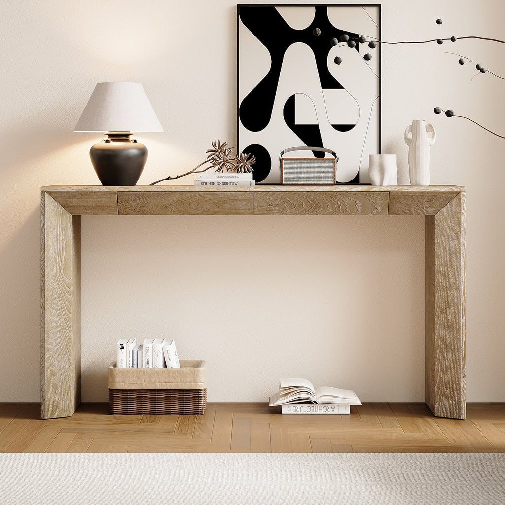 TREXM 60' Modern Farmhouse Console Table with 2 Concealed Drawers, Waterfall Design Entryway Table with Thickened Legs & Rustic Wood Grain for Living Room, Entryway & Hallway (Natural)