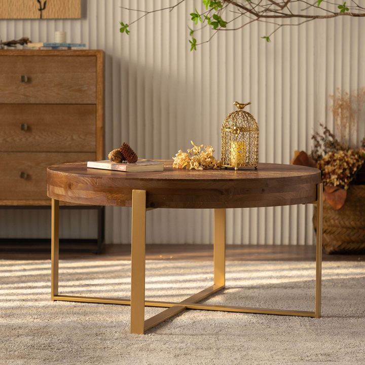 33.86"Modern Retro Splicing Round Coffee Table,Fir Wood Table Top with Gold Cross Legs Base(Same SKU:W757126236)