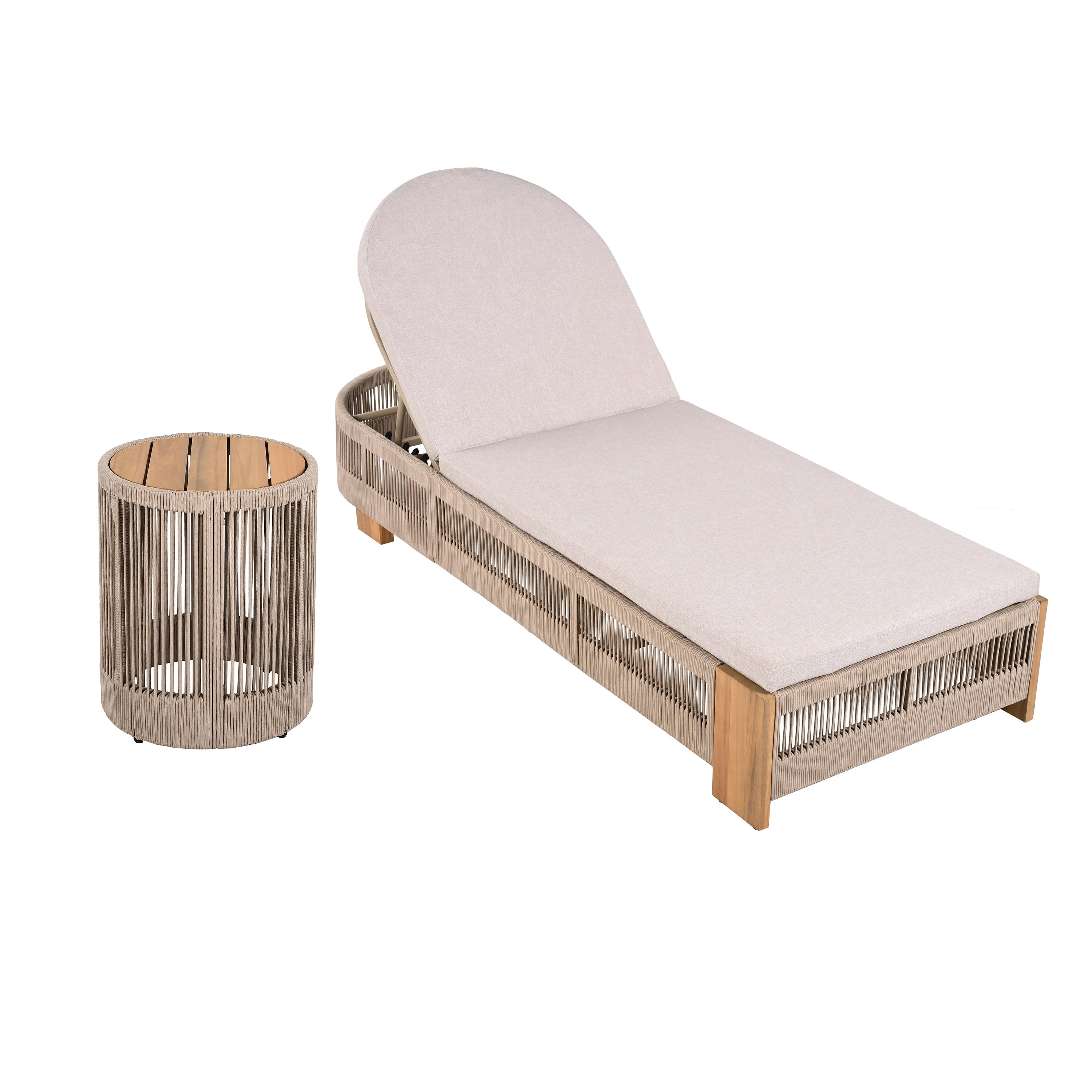 Outdoor Rope Chaise Lounge Set of 5, Patio Lounge Chairs, Outside Poolside Lounge Furniture, Teak look wood Side Table and Beige Cushions, Chaise Lounge with Adjustable Backrest( Beige rope)