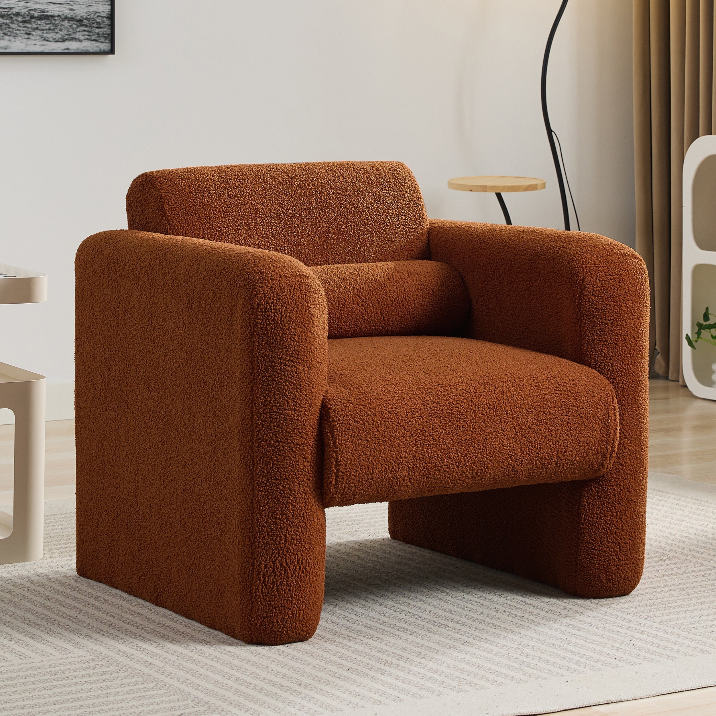 Modern Accent Chair Lambskin Sherpa Fabric Upholstered Comfy Reading Arm Chair Soft Padded Armchair with Back and Pillow for Living Room Bedroom Reception Waiting Room Office,Burnt Orange