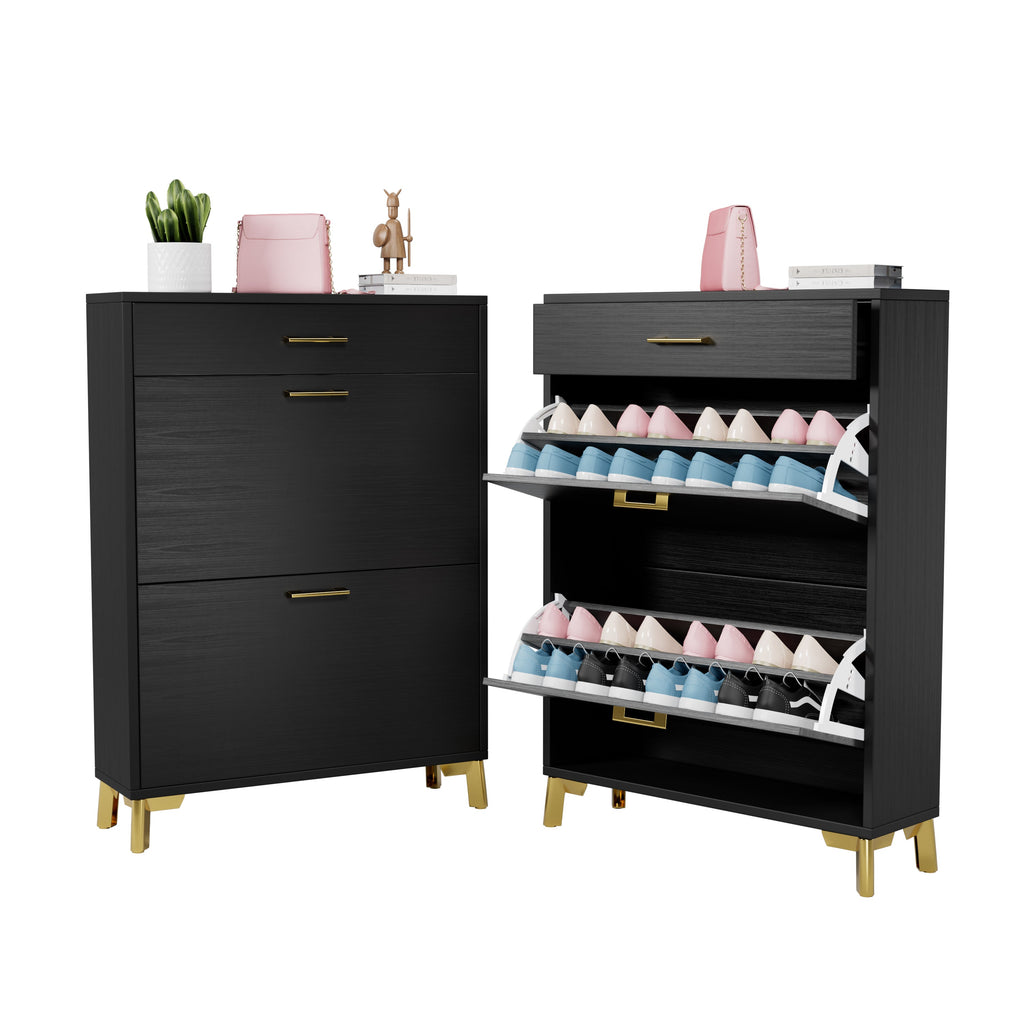 Shoe Storage Cabinet for Entryway, Free Standing Shoe Organizer with 2 Flip Drawers, Hidden Shoe Rack Storage Organizer for Doorway Hallway Closet, Black