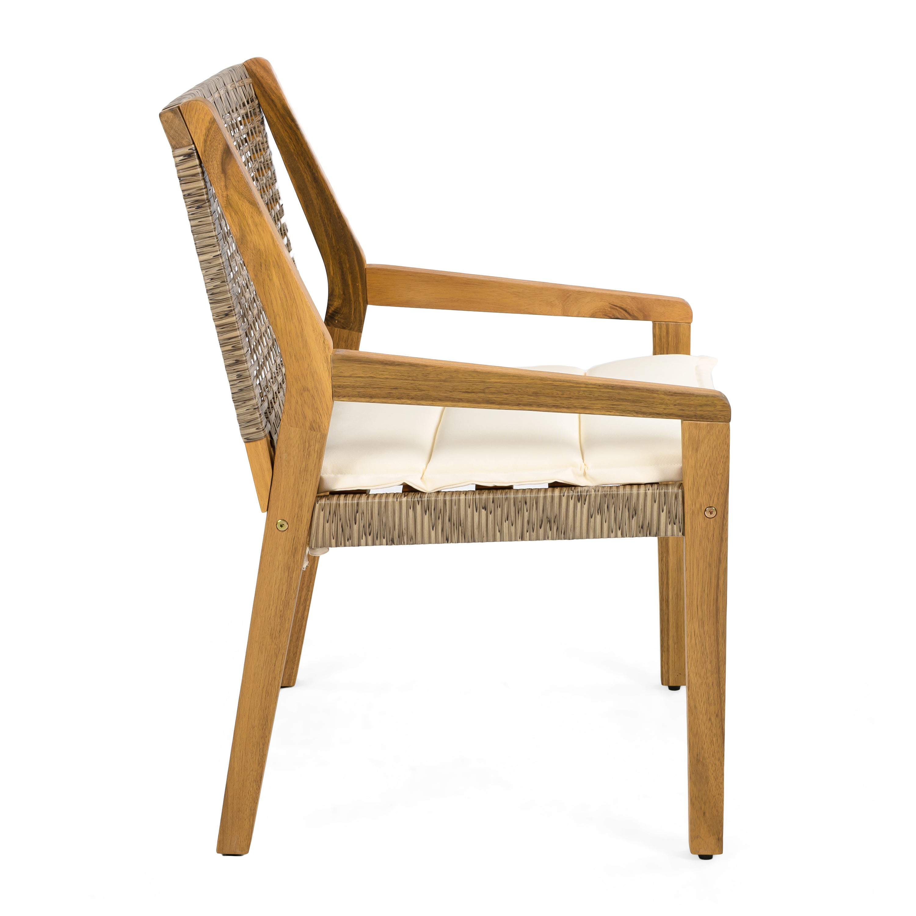 Outdoor Dining Set – Premium Acacia Wood Stamford Table & Wicker Chairs with Cream Cushion for Comfortable Dining Experience,Suitable for large gatherings(1 Table + 4 Chairs)