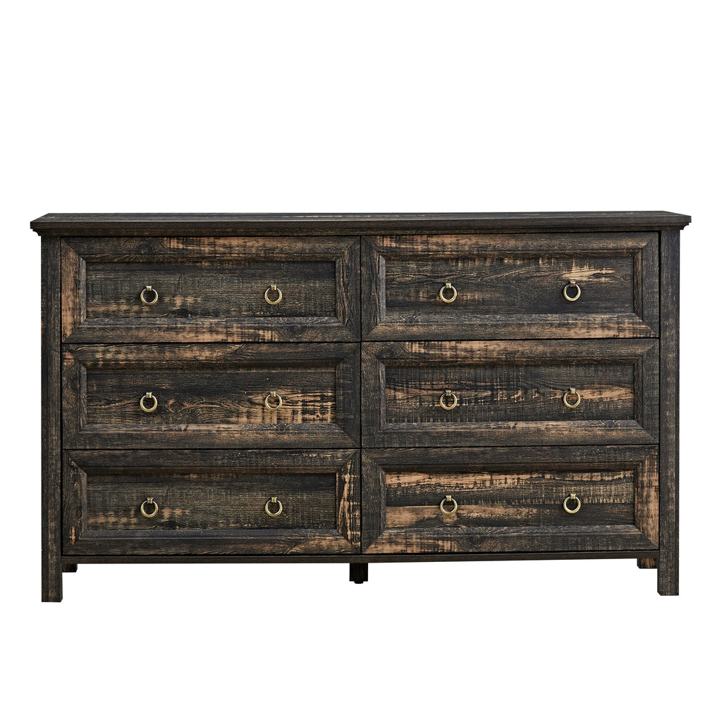 Farmhouse 6 Drawers Dresser for Bedroom, Wood Rustic Wide Chest of Drawers, Storage Dressers Organizer for Bedroom, Living Room, Hallway,Dark Rustic Oak