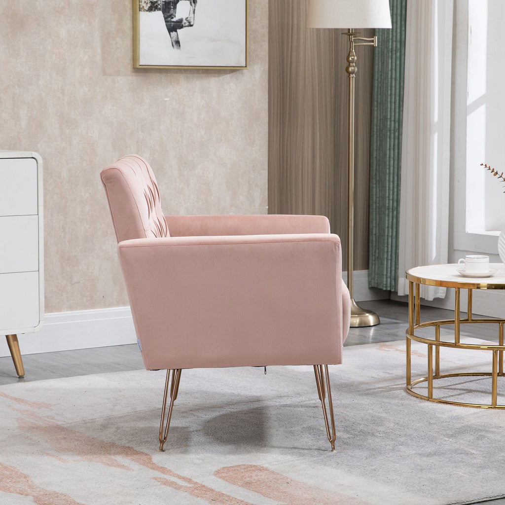 COOLMORE Velvet Armchair Single Sofa Modern Tufted Upholstered Side Reading Chairs with Arm and Gold Metal Leg for Living Room Bedroom (Pink)