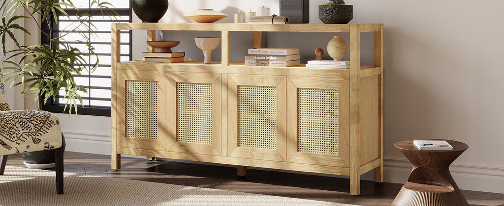 TREXM Bohemian Style Rattan Buffet Storage Cabinet with Solid Wood Frame, Sideboard with 3-position Adjustable Shelves for Living & Dining Rooms, No-Handle Push-to-Open Design (Natural)