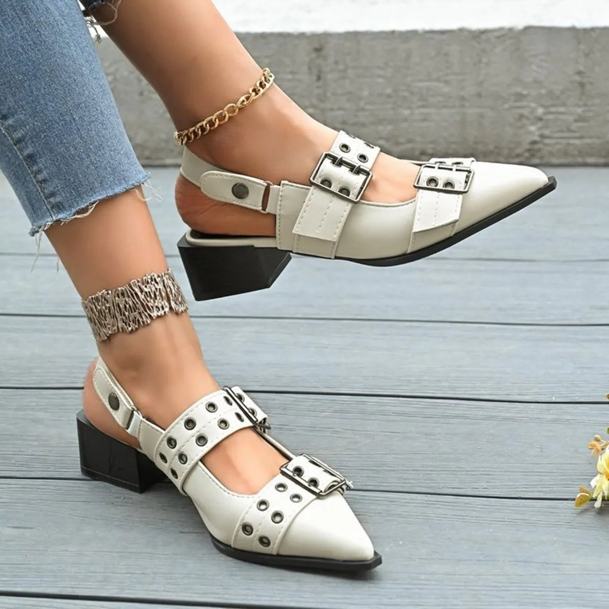 Point Toe Block Heels Slingback Pumps