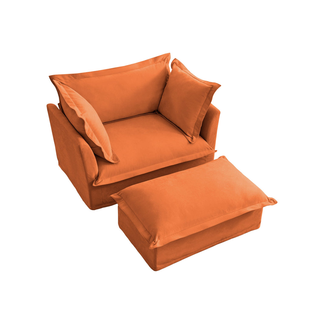 Upholstered Slipcovered Armchair with Ottoman,  Deep Seat Armchair W/ Wide Ottoman for Living Room, Armchair Sets with Large Soft Pillows(Set of 2),Chenille Fabric,Orange