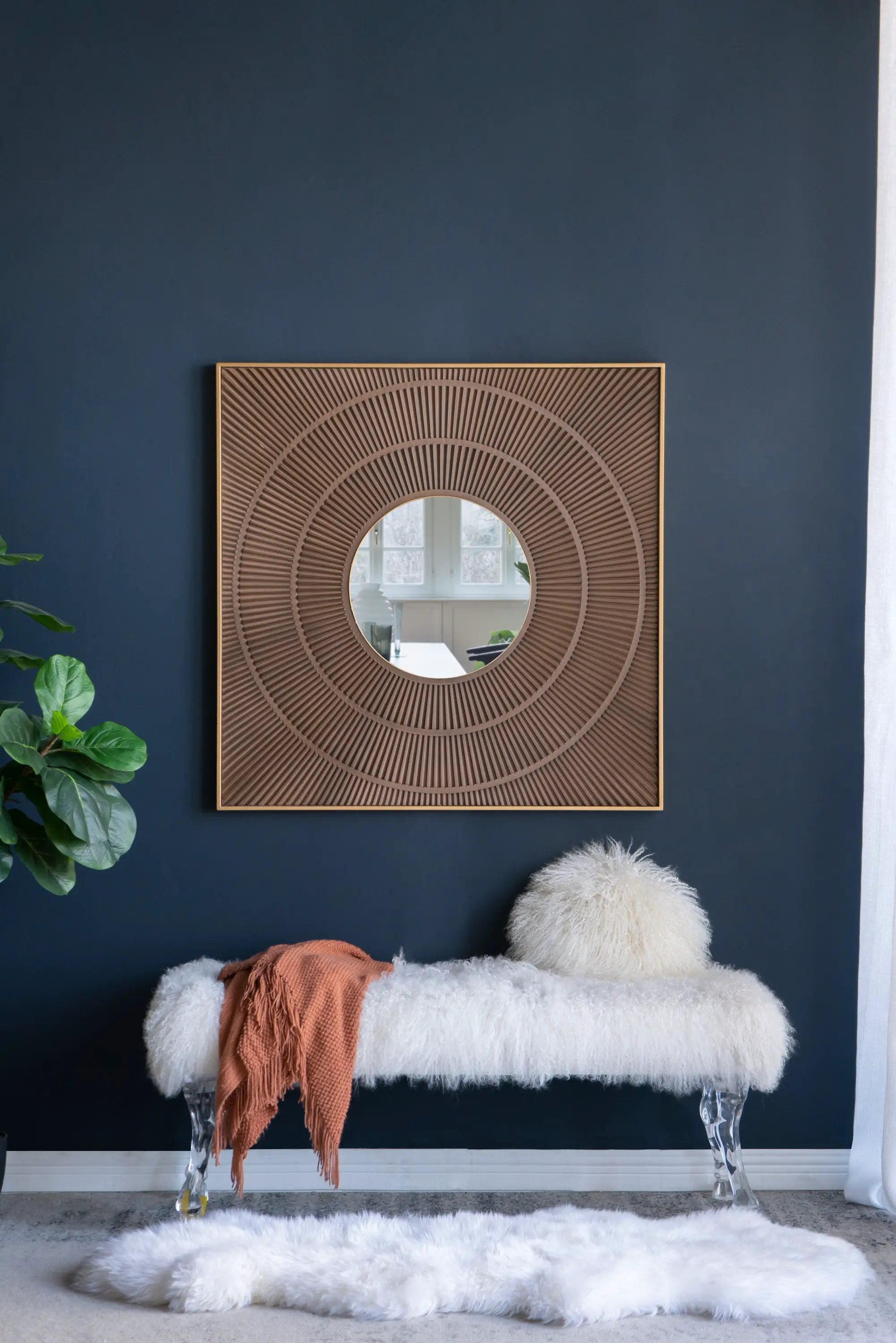 40" x 40" Square Carved Mirror with Pleated Design with Gold Iron Frame, Neutral Colorway Wall Decor for Living Room Bathroom Entryway