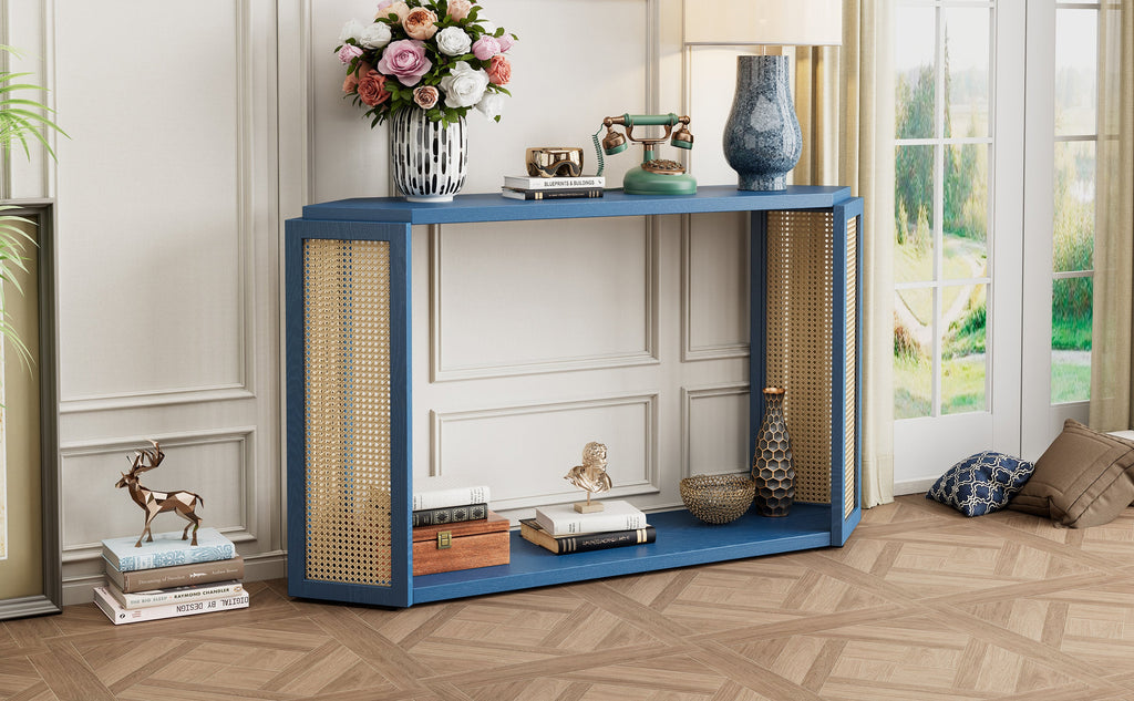 TREXM Narrow Console Table with Unique Irregular Top Design, Entryway Table with Open Shelf, Rattan Sofa Table for Living Room Hallway and Entrance (Antique Blue)