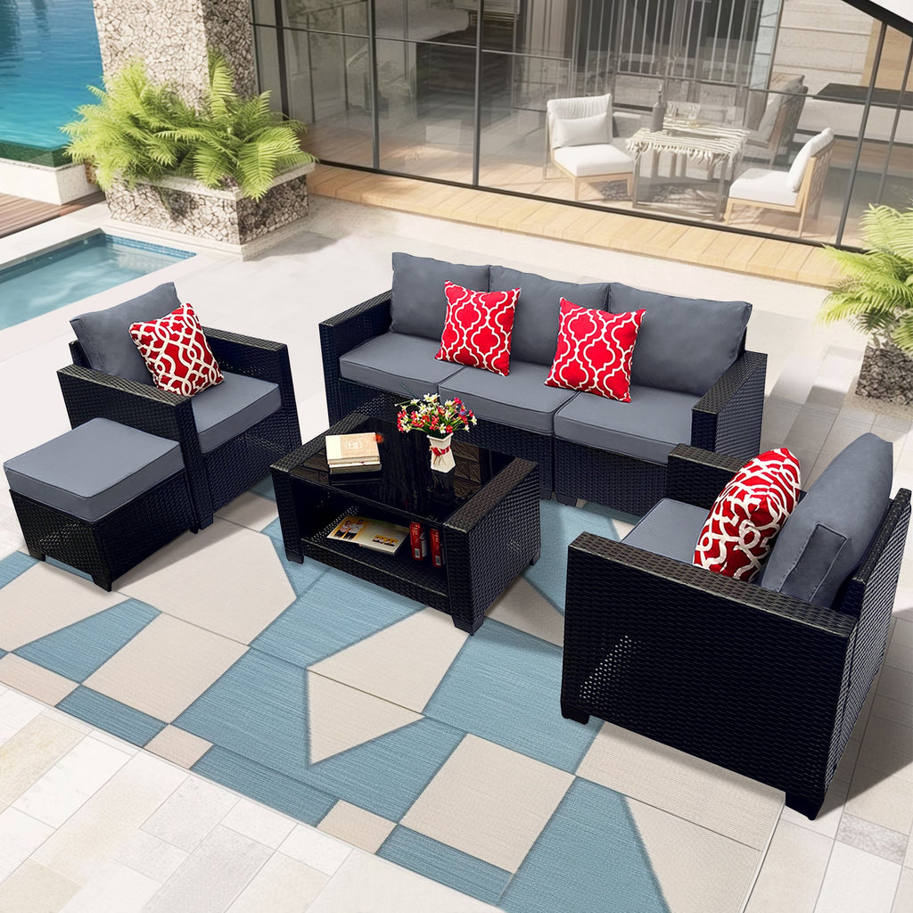 Outdoor Garden Patio Furniture 7-Piece PE Rattan Wicker Cushioned Sofa Sets  and Coffee Table, patio furniture set;outdoor couch;outdoor couch patio furniture;outdoor sofa;patio couch
