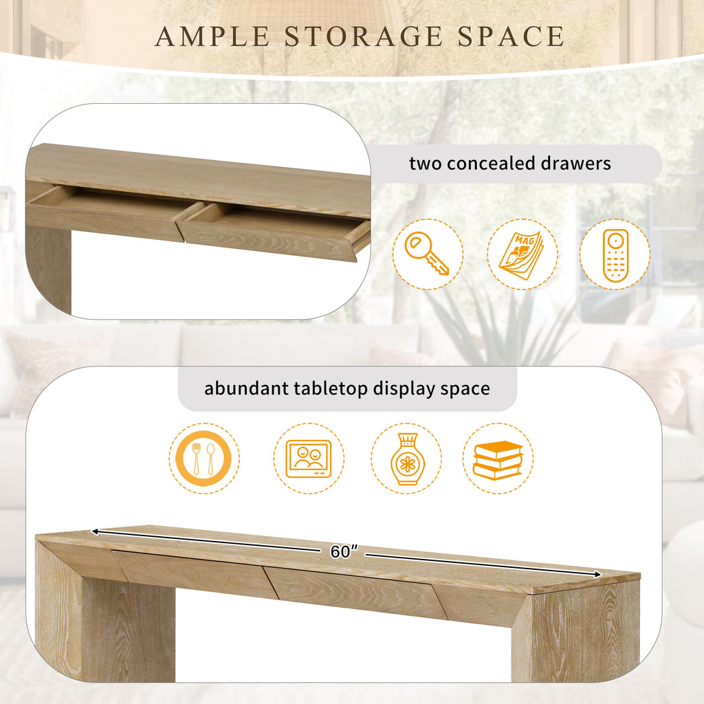 TREXM 60' Modern Farmhouse Console Table with 2 Concealed Drawers, Waterfall Design Entryway Table with Thickened Legs & Rustic Wood Grain for Living Room, Entryway & Hallway (Natural)