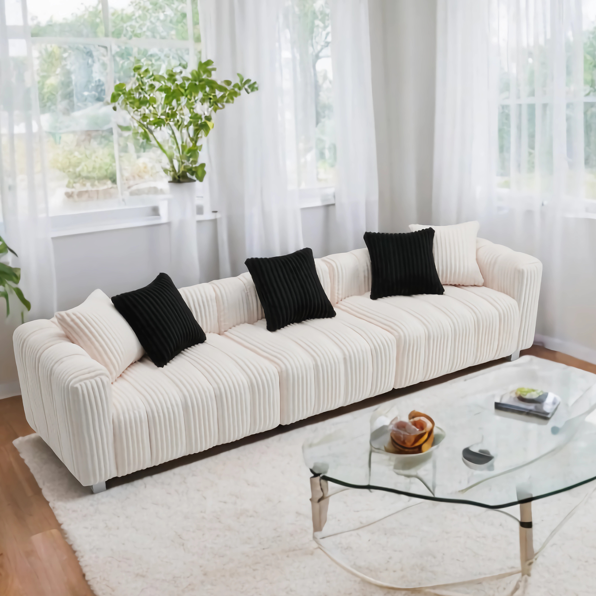 114-inch Vintage Corduroy Sofa Extra-Large Three-Seater with Cloud-Feel Cushions Solid Wood Frame Modern Minimalist Vintage-Inspired Leisure Sofa