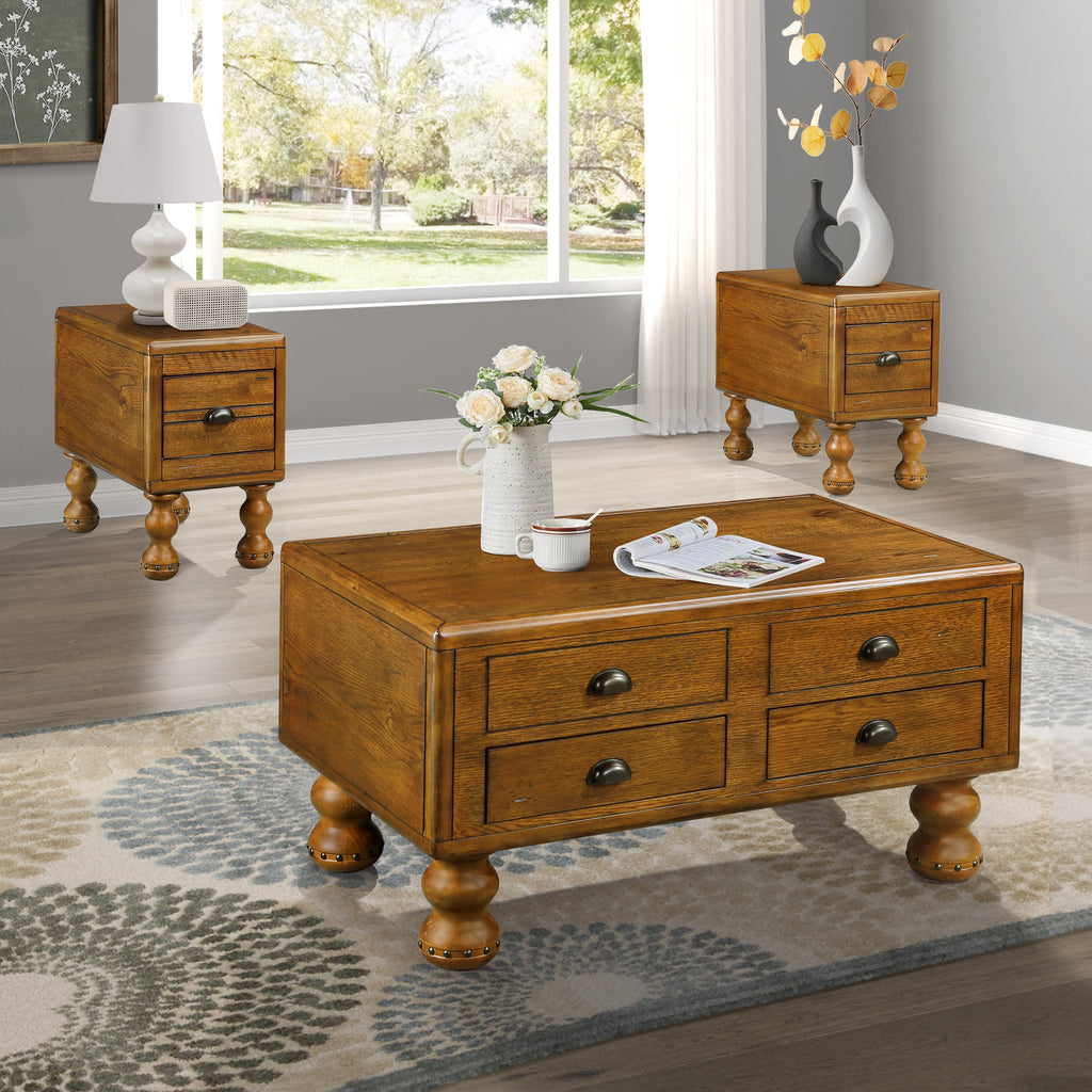 Rectangle Living Room Coffee Table Set,  3-Piece Solid Wood Living Room Table Set, 1 Coffee Table and 2 End Table, Wood Center Tea Table Set with Rivet Decoration Legs.Easy Assembly,  Antique Brown