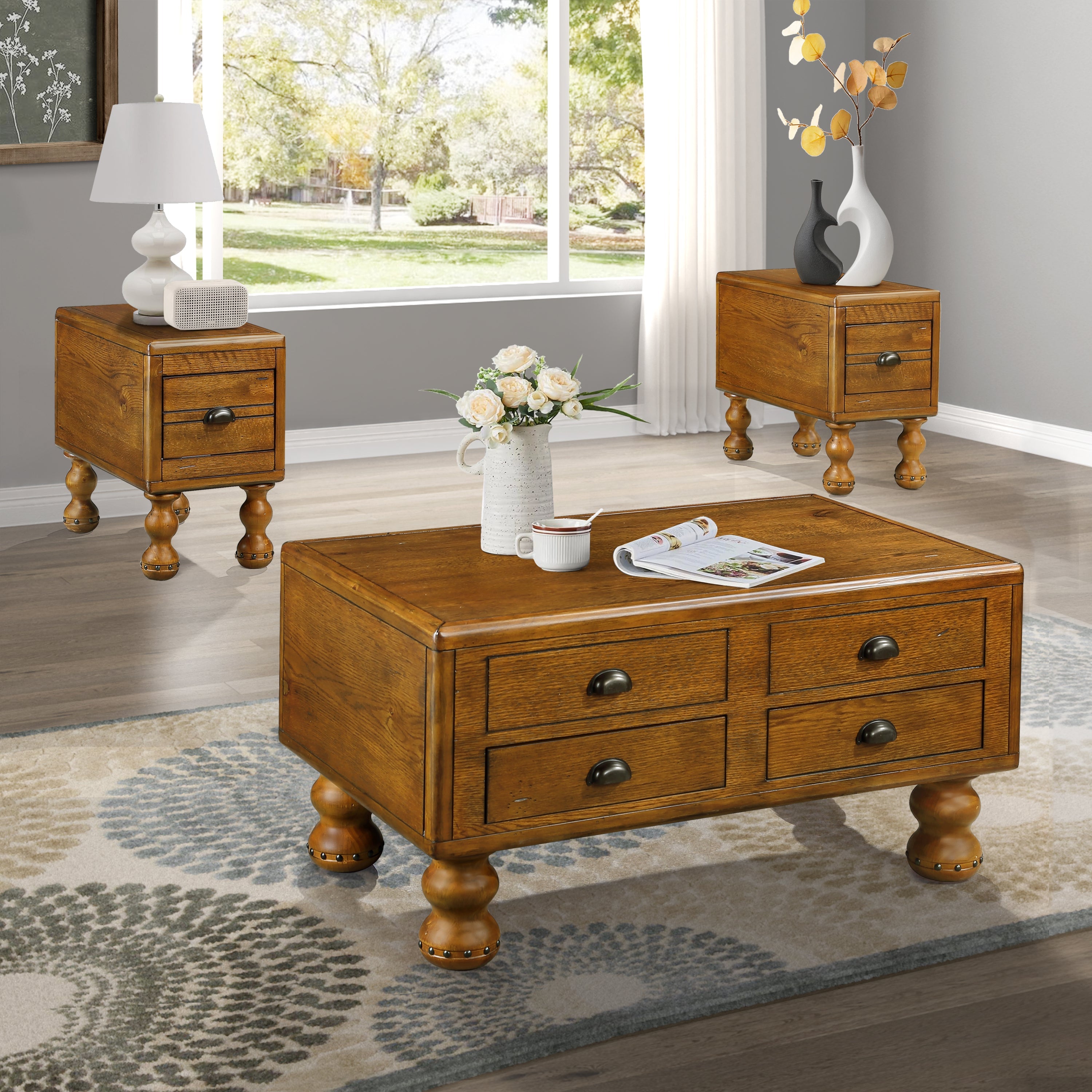 Rectangle Living Room Coffee Table Set,  3-Piece Solid Wood Living Room Table Set, 1 Coffee Table and 2 End Table, Wood Center Tea Table Set with Rivet Decoration Legs.Easy Assembly,  Antique Brown