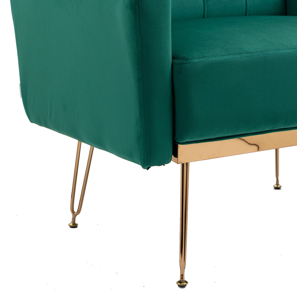 COOLMORE Velvet Armchair Single Sofa Modern Tufted Upholstered Side Reading Chairs with Arm and Gold Metal Leg for Living Room Bedroom (Green)