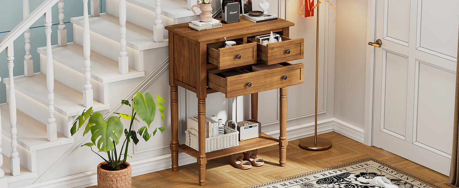 TREXM Narrow Console Table, Slim Sofa Table with Three Storage Drawers and Bottom Shelf (Natural)