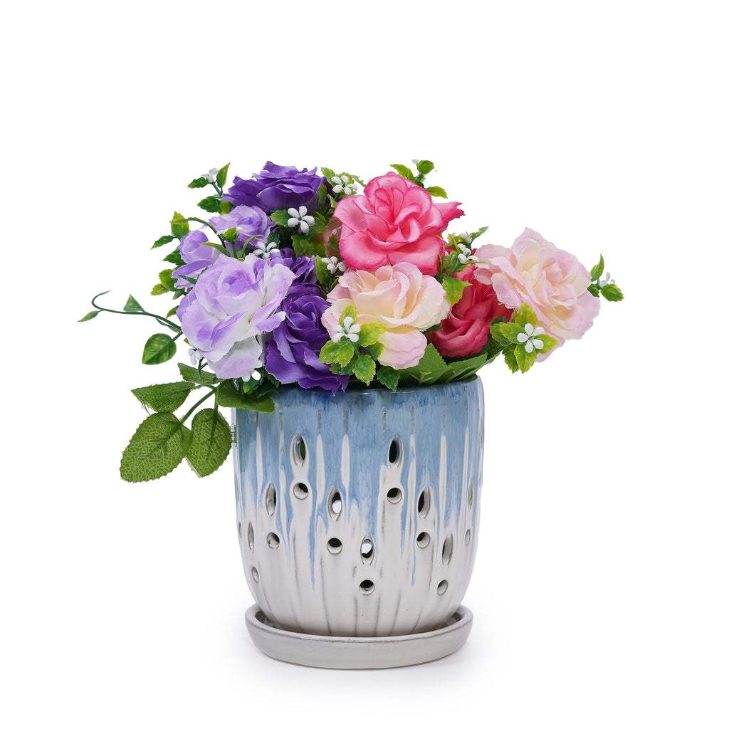 Set of 2 Ceramic Flowerpot with Drainage Hole, 8' Modern Planter for Patio, Garden, Windowsill - White Blue