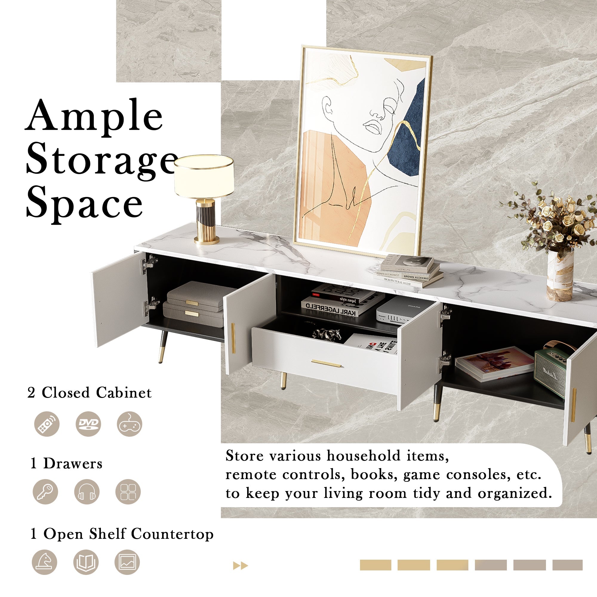 71'' Modern TV Stand with 2 Cabinets&  Open Compartments, Entertainment Center for TVs up to 80'', Television Console for Living Room, Bedroom, Home Theatre