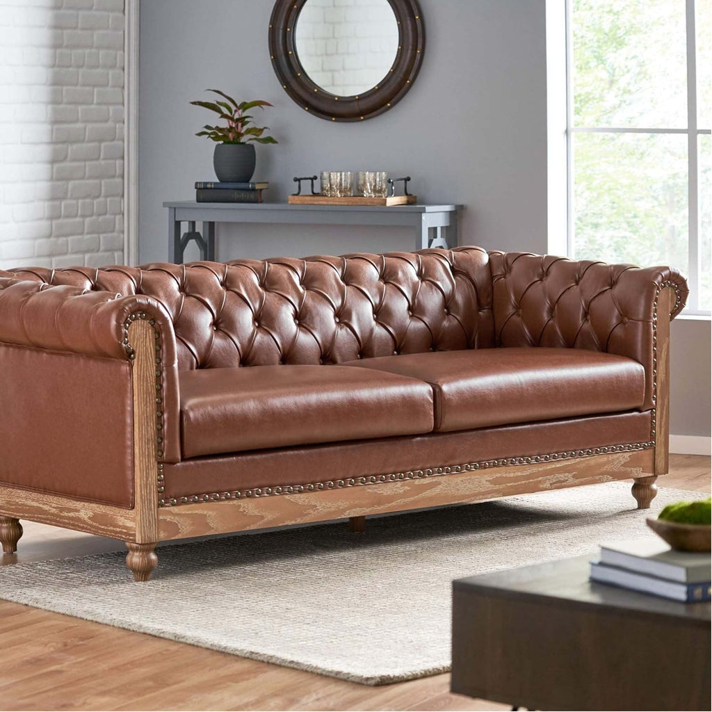 Mirod Comfy 3-Seat Sofa with Wooden Legs, Retro Style, Light Brown, PU, 78.75''Wx33.5''Dx28''H