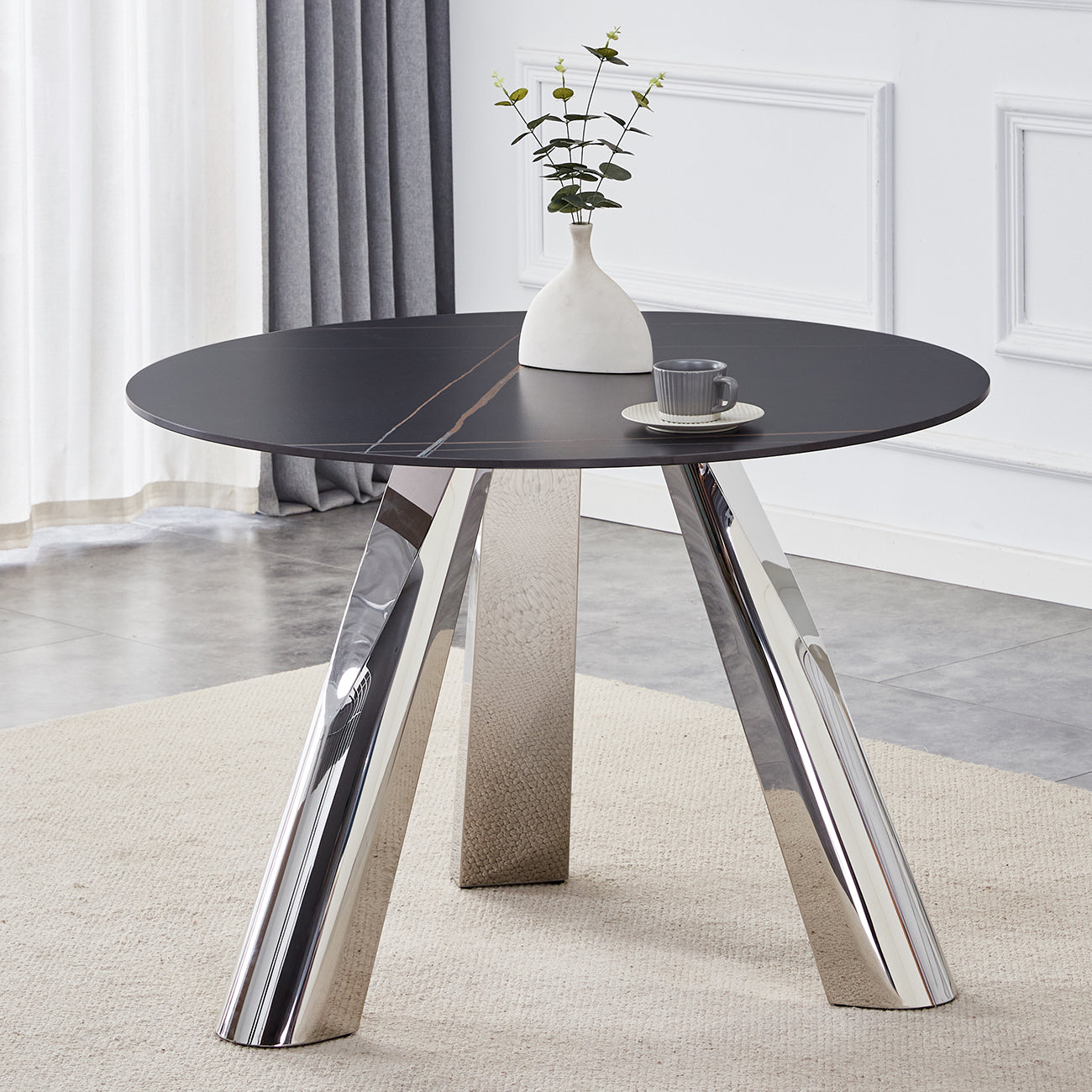 42' Luxury Sintered Stone Table: 0.45' Durable Top + 6' Steel Legs,350lb Capacity, Stain/Heat-Resistant Black Veined Surface - Modern Minimalist DesignW1512S00111