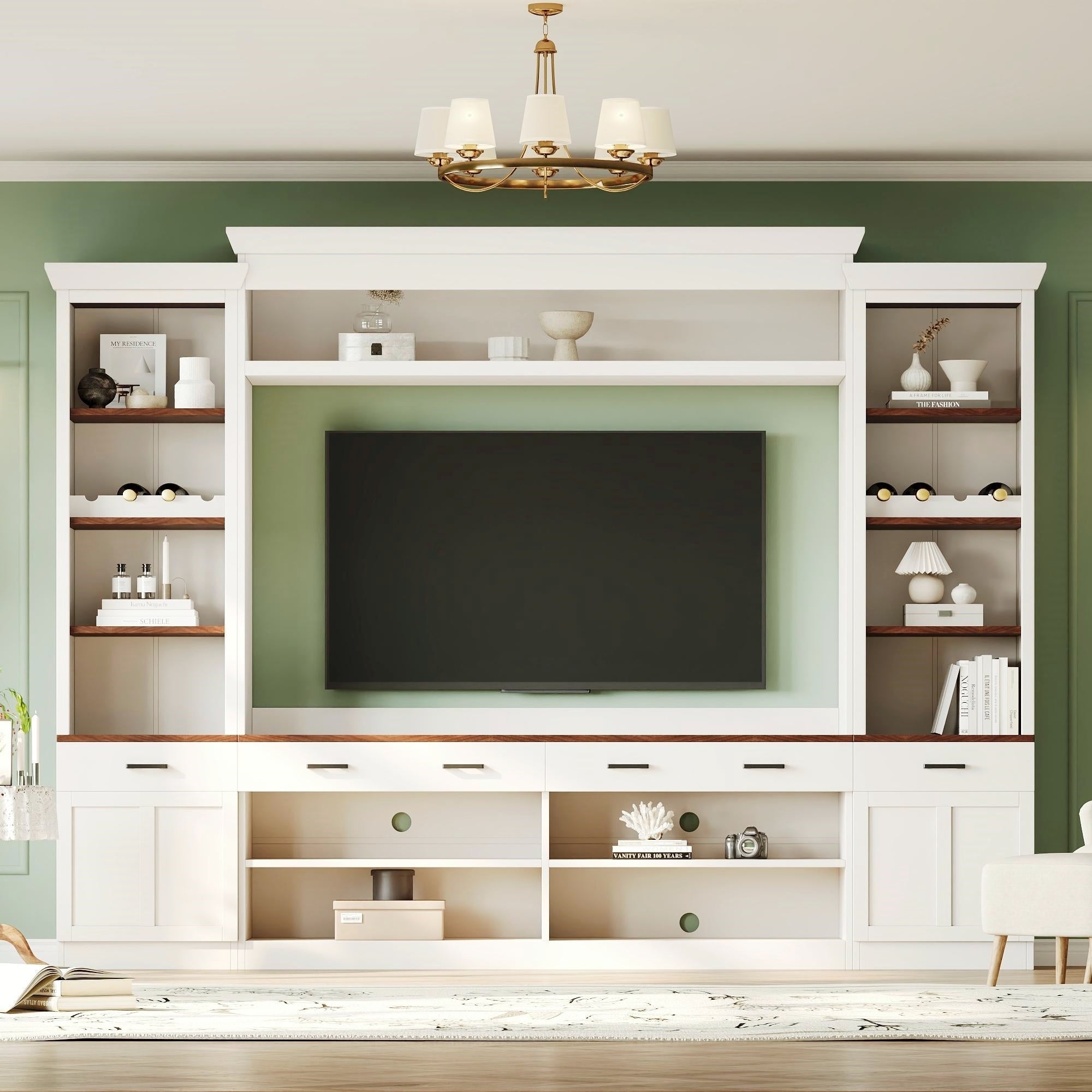 ON-TREND Farmhouse 4-Piece Entertainment Wall Unit Set with Bookshelf for TVs Up to 70', Walnut TV Stand with Adjustable Shelves, Mid-Century Large Media Console with Wine Rack for Living Room, White