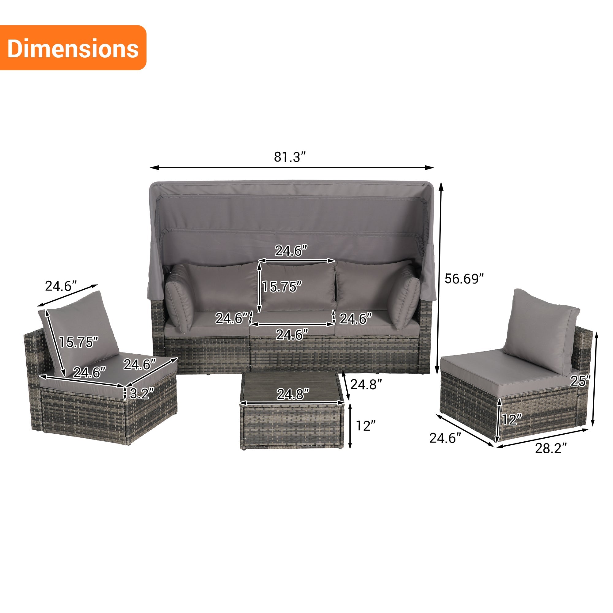 5 Pieces Outdoor Patio Wicker Daybed Furniture Set with Retractable Canopy, Storable Side Table, and Soft Cushions for Relaxing in Your Backyard or Porch
