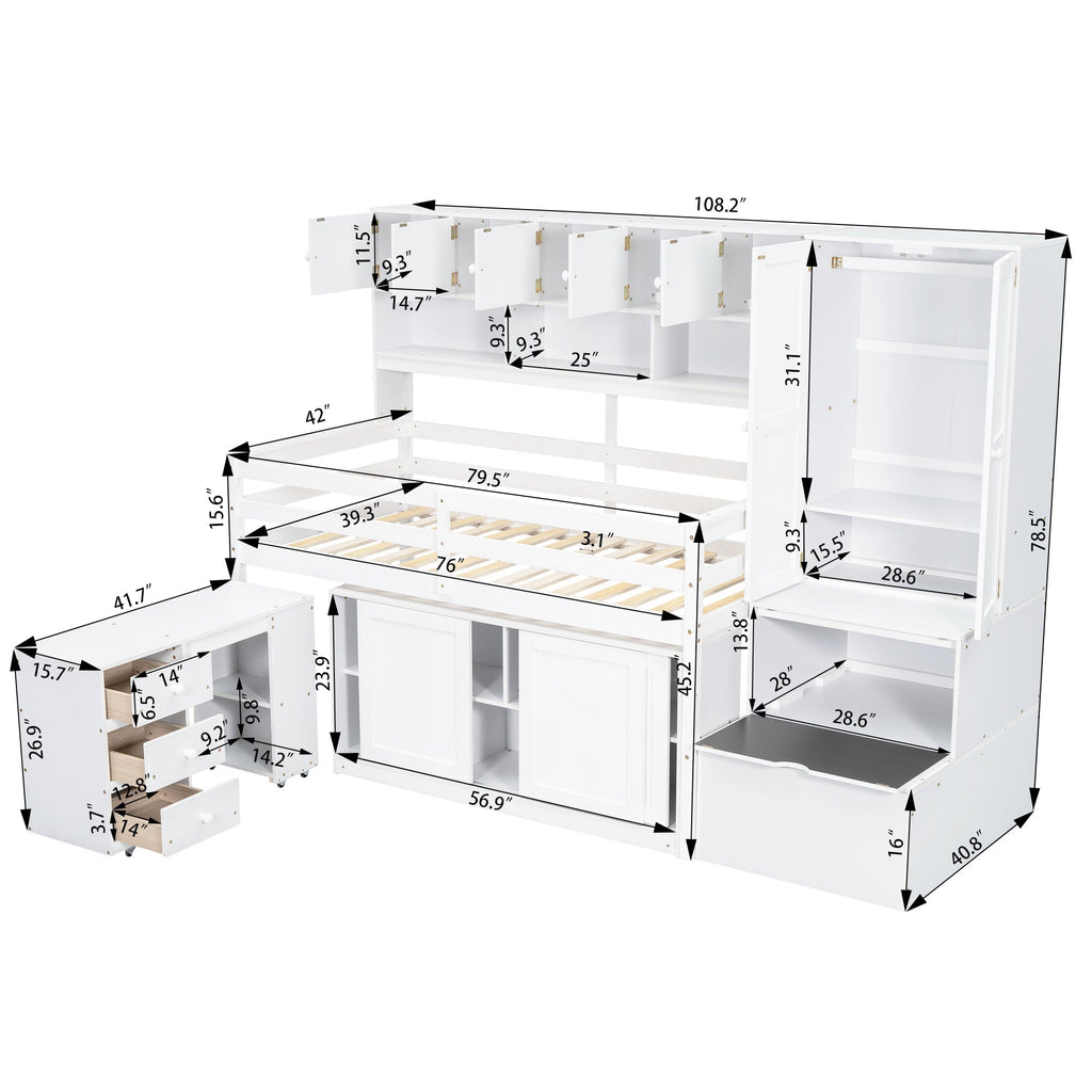 Twin Size Wooden Loft Bed Big Storage with Under-bed Desk, with Drawers, with Shelves, White