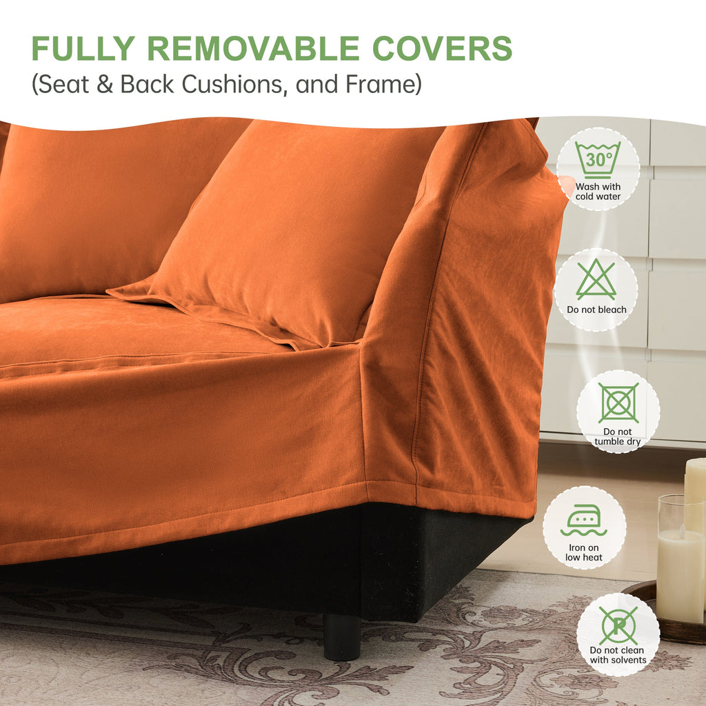 Upholstered Slipcovered Armchair with Ottoman,  Deep Seat Armchair W/ Wide Ottoman for Living Room, Armchair Sets with Large Soft Pillows(Set of 2),Chenille Fabric,Orange