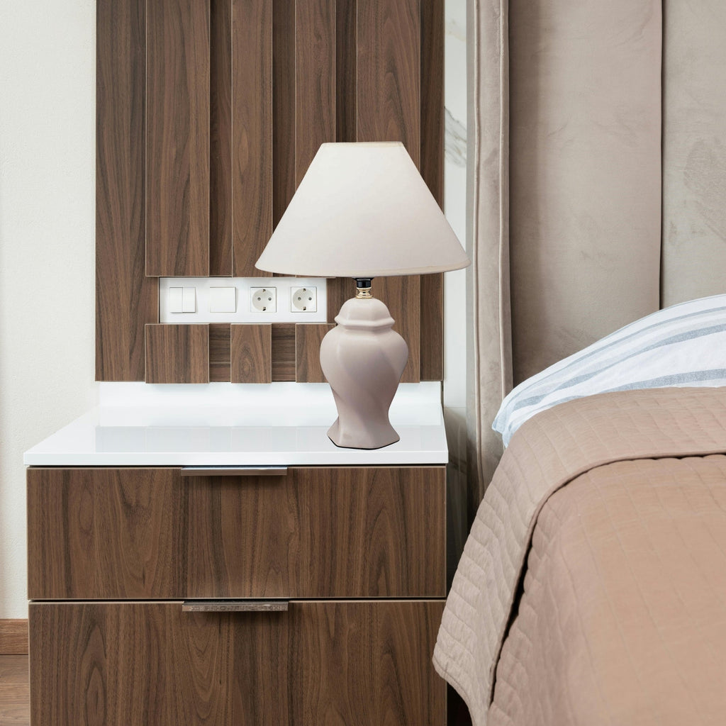 13' Tall Ceramic Table Lamp, Urn-Shaped with Ivory finish, Linen Shade