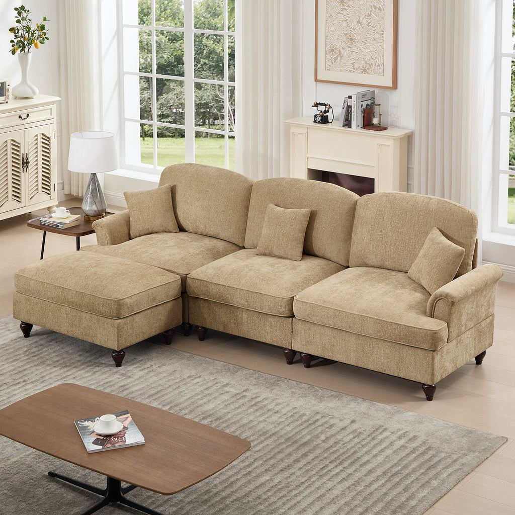 Mid Century Three Seater Modular L Shaped Sectional Couch with Flared Arms and Removable Ruffles Pleats Skirts and Spindle Legs, Comfy Chenille 3-Seat Deep Seat Sofa with Movable Ottoman,Light Coffee