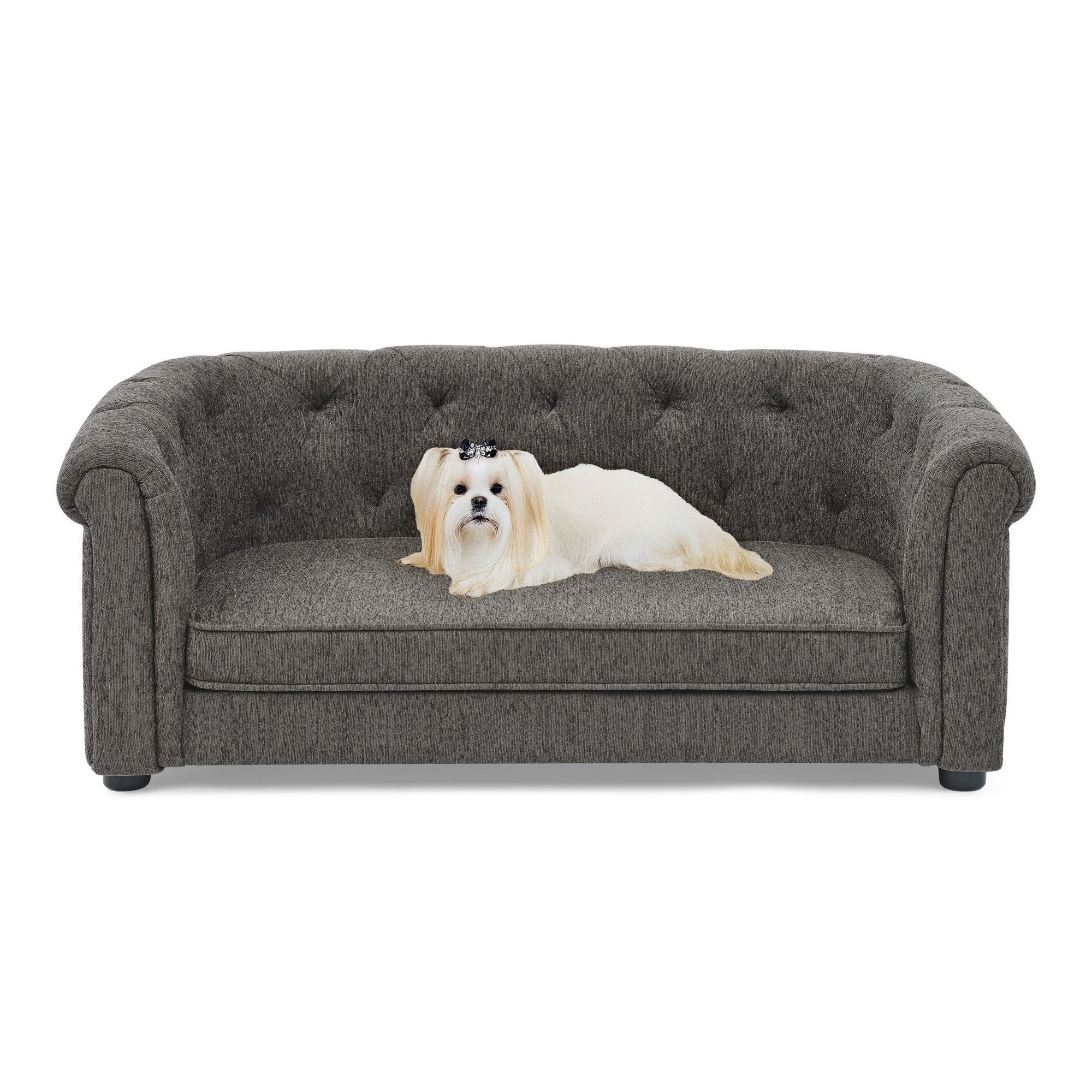 Pet sofa with arc-shaped backrest and armrests, contemporary rectangular pet sofa crafted from breathable linen  cozy soft cushion dog sofa --Dark grey