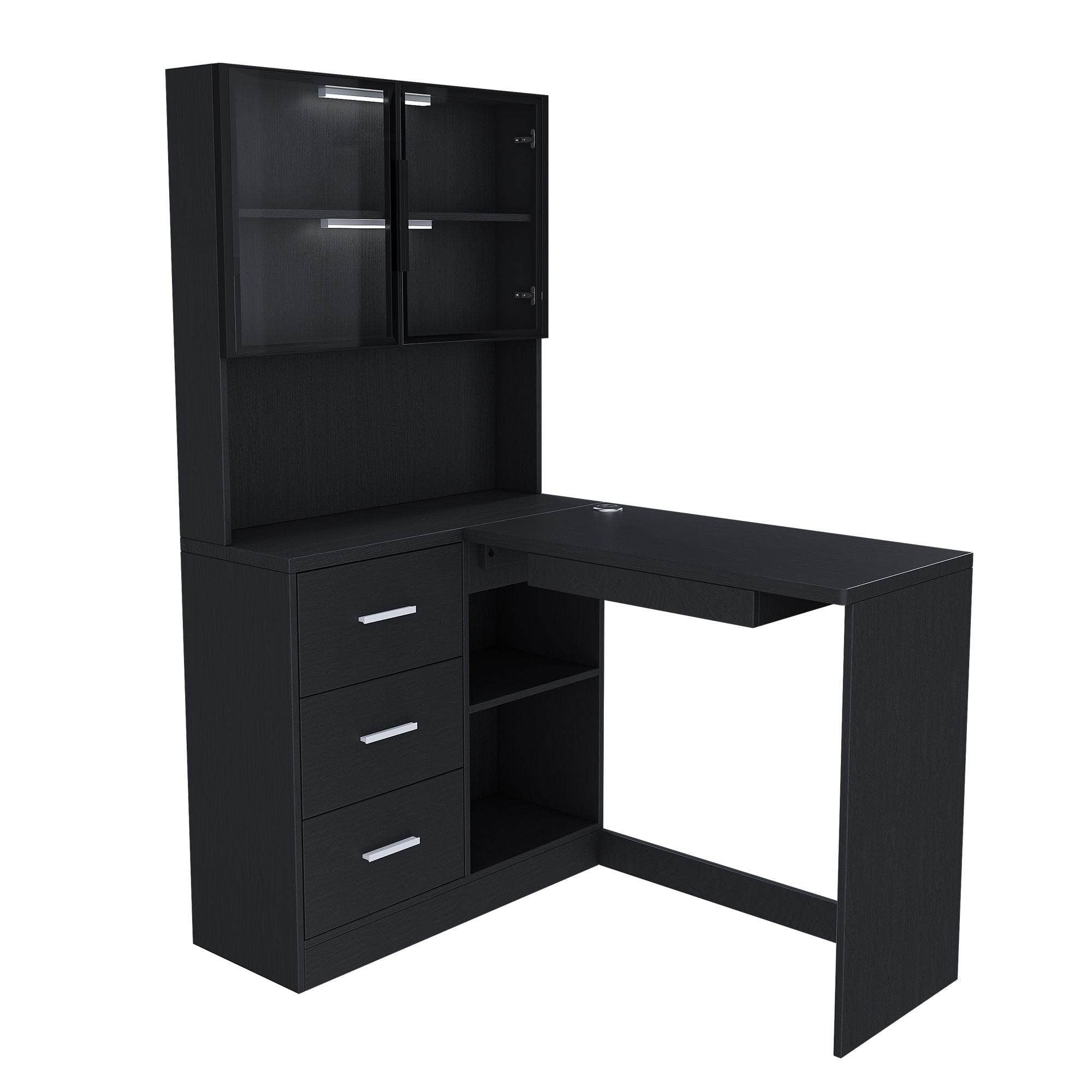 L-Shaped Computer Desk With Glass Cabinets, Built In LED Lights, USB Charging Ports