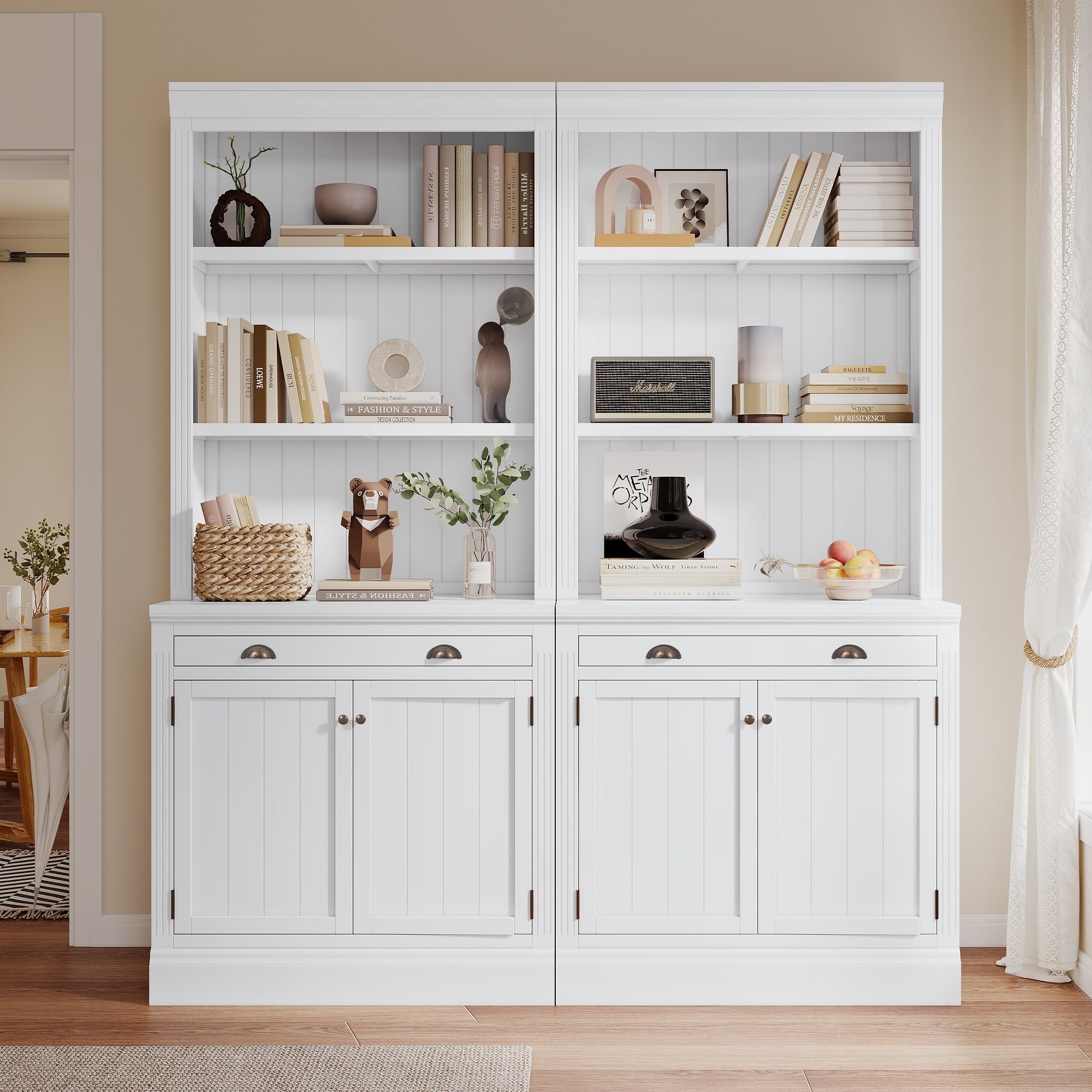 83.4"Tall Bookshelf Suite, Modern Bookcase Suite with LED Lighting,Doors and Drawers,2-Piece Set Storage Bookcase with Open Shelves for Living Room,Home Office,White