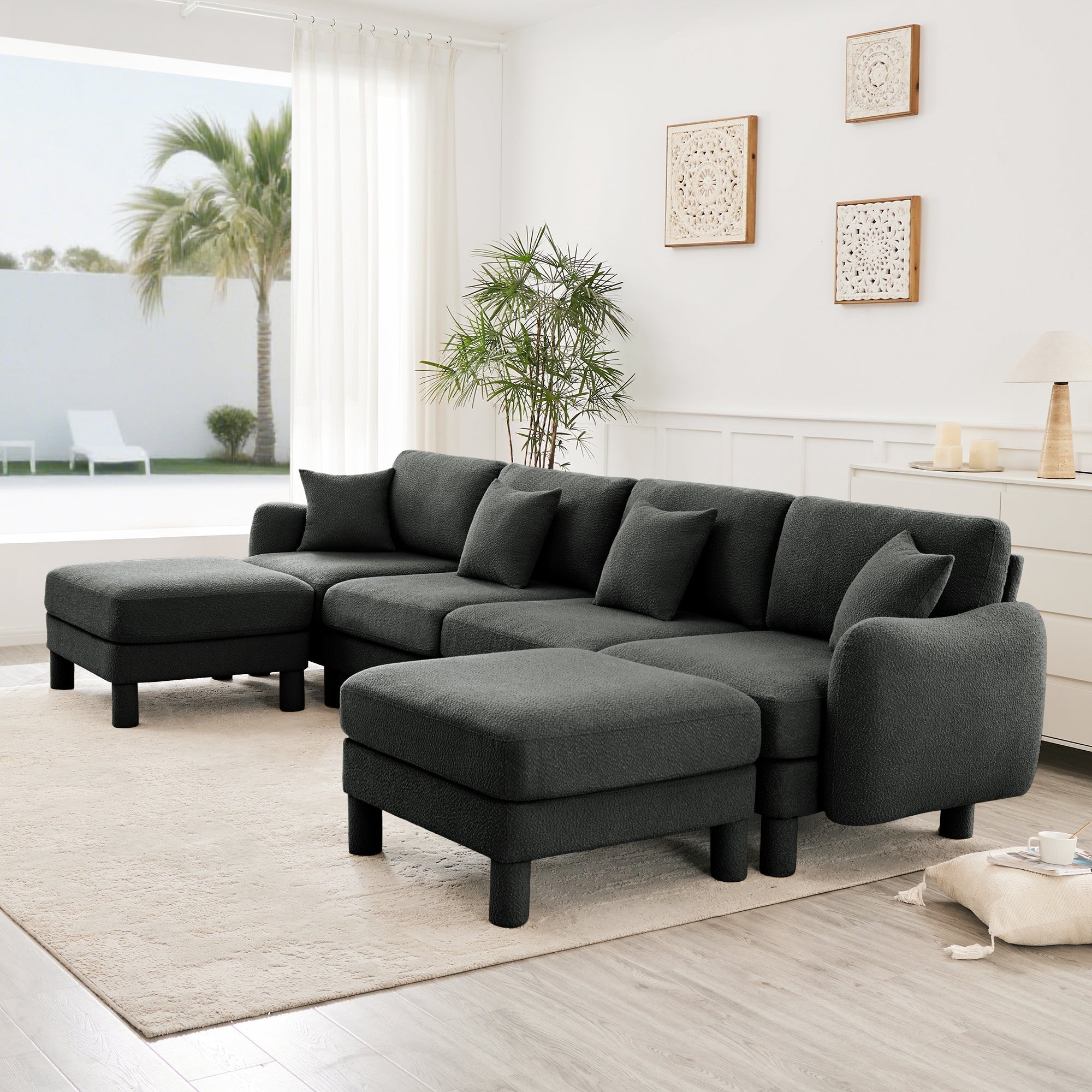 Boucle Fabric U Shape Sectional 4-seater Sofa Couch With Distinctive Shell-shaped Armrests And 2 Movable Ottomans,Cylindrical Legs Wrapped with Self-fabric,Dark Grey  Color