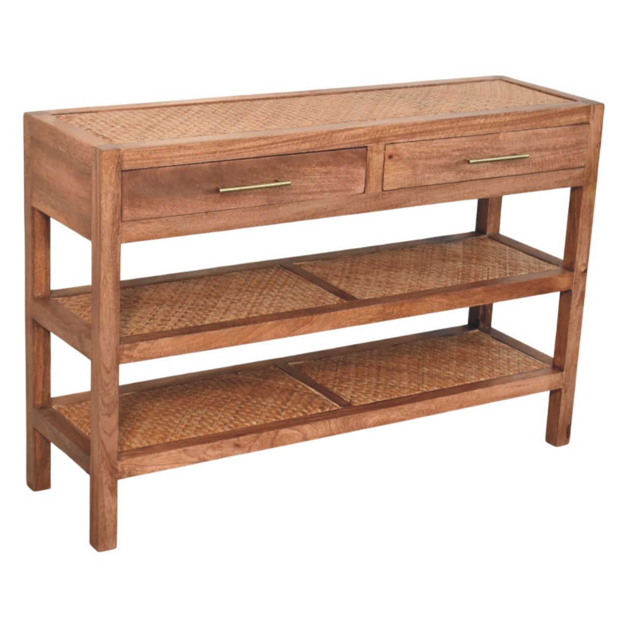 Solid Wood Woven Tier Console,Brown,2-Drawers,2-Shelf